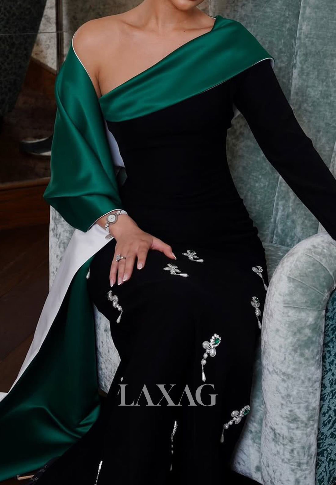 Asymmetrical-Neck Mermaid Evening Dress Long-Sleeves Beaded Floor-Length Formal Gowns