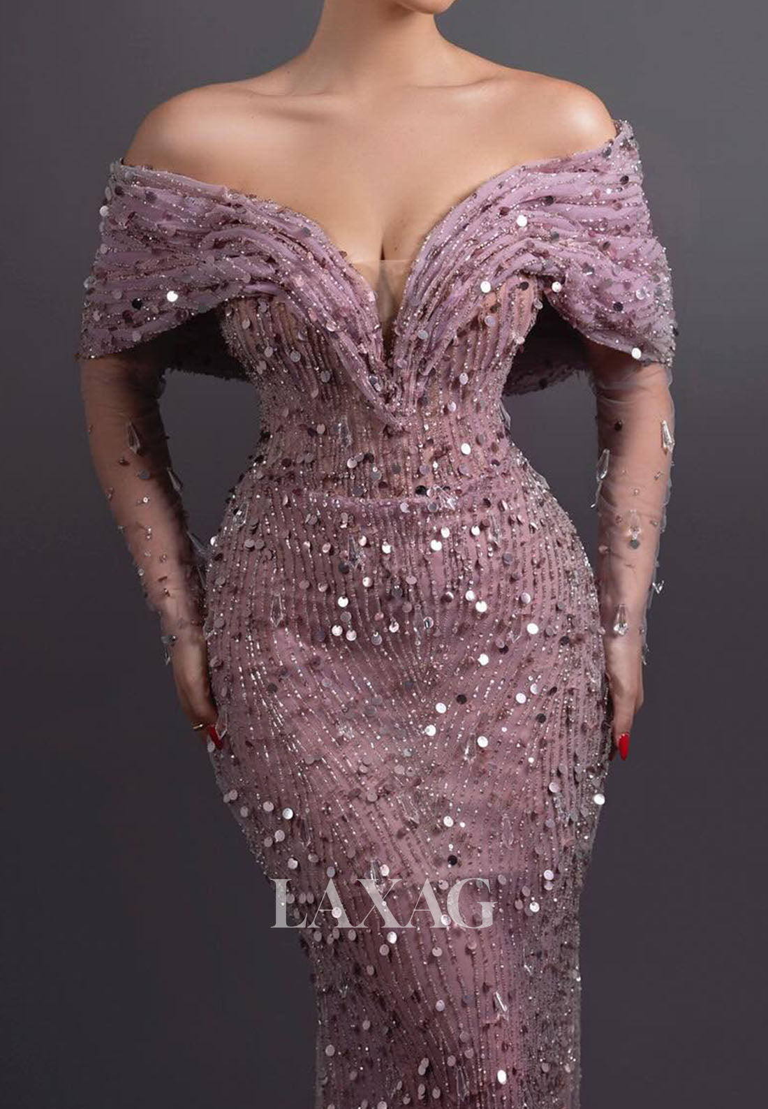 Deep V-Neck Long-Sleeves Floor-Length Fully Sequined Beaded Tulle Pleated Evening Dress