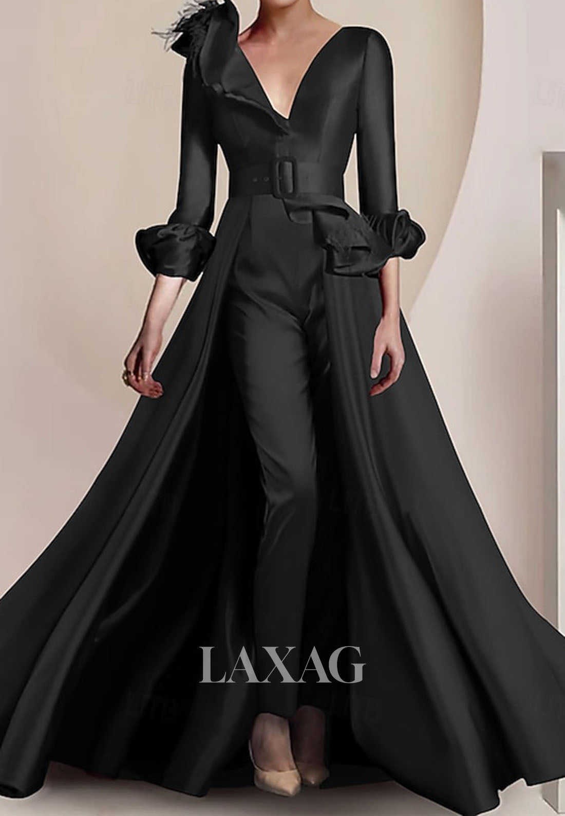 V-Neck Long-Sleeves A-Line Evening Dress Pleated Satin Formal Gowns with Overskirt