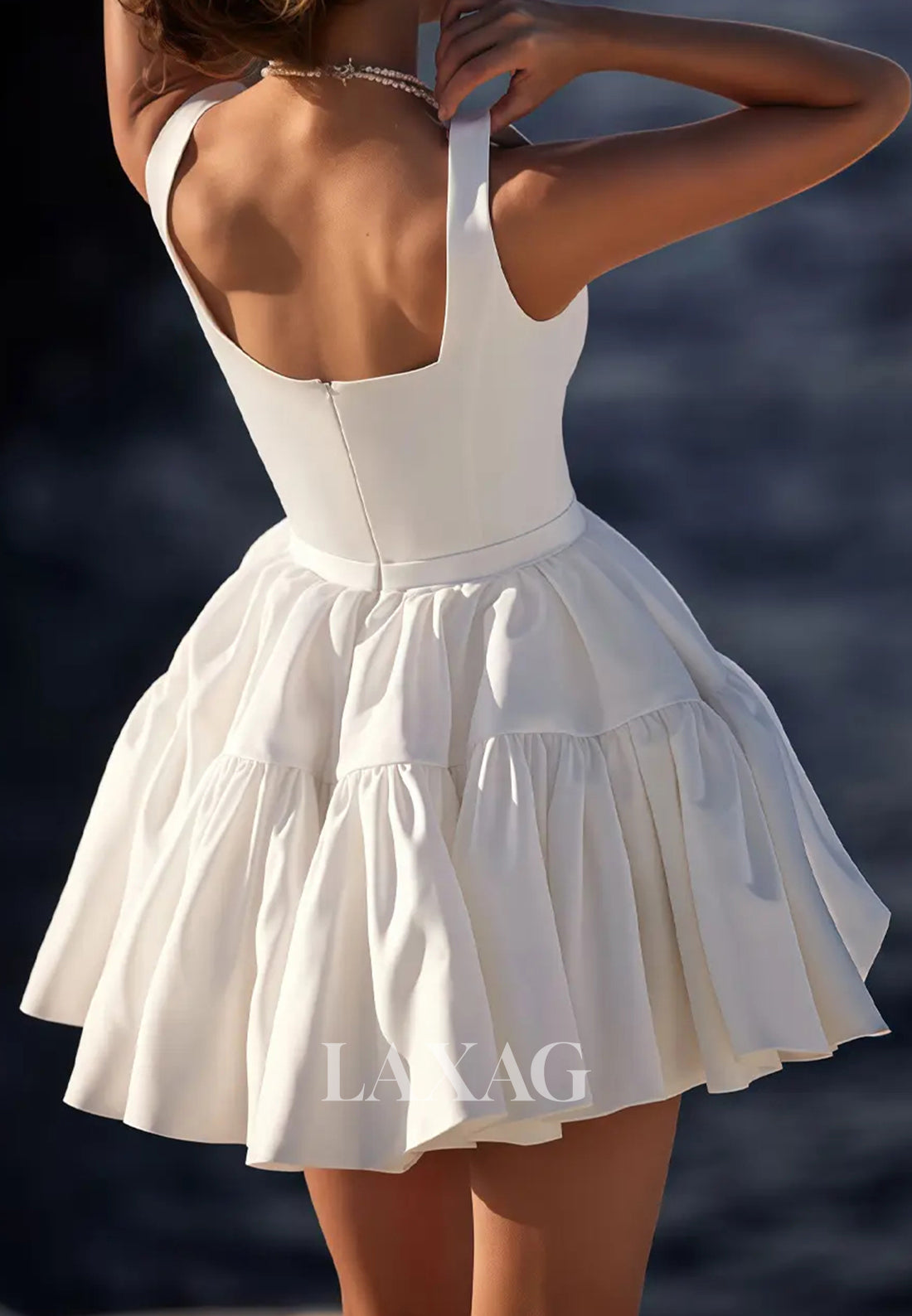 Square-Neck Straps Sleeveless Satin Pleated Simple Short Beach A-Line Wedding Dress