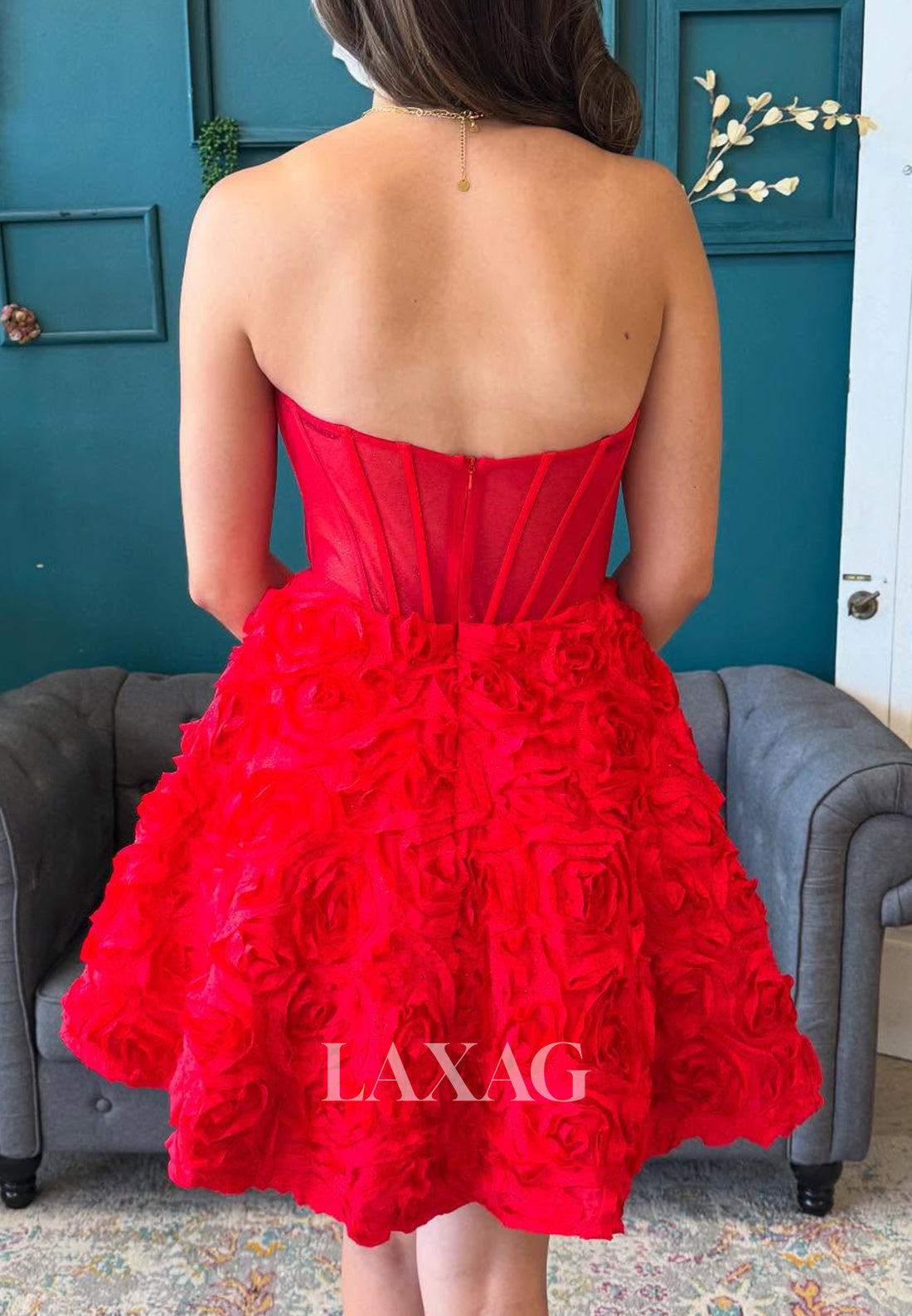 Scoop-Neck Off-Shoulder Sleeveless Floral Embellished Pleated A-Line Homecoming Dress