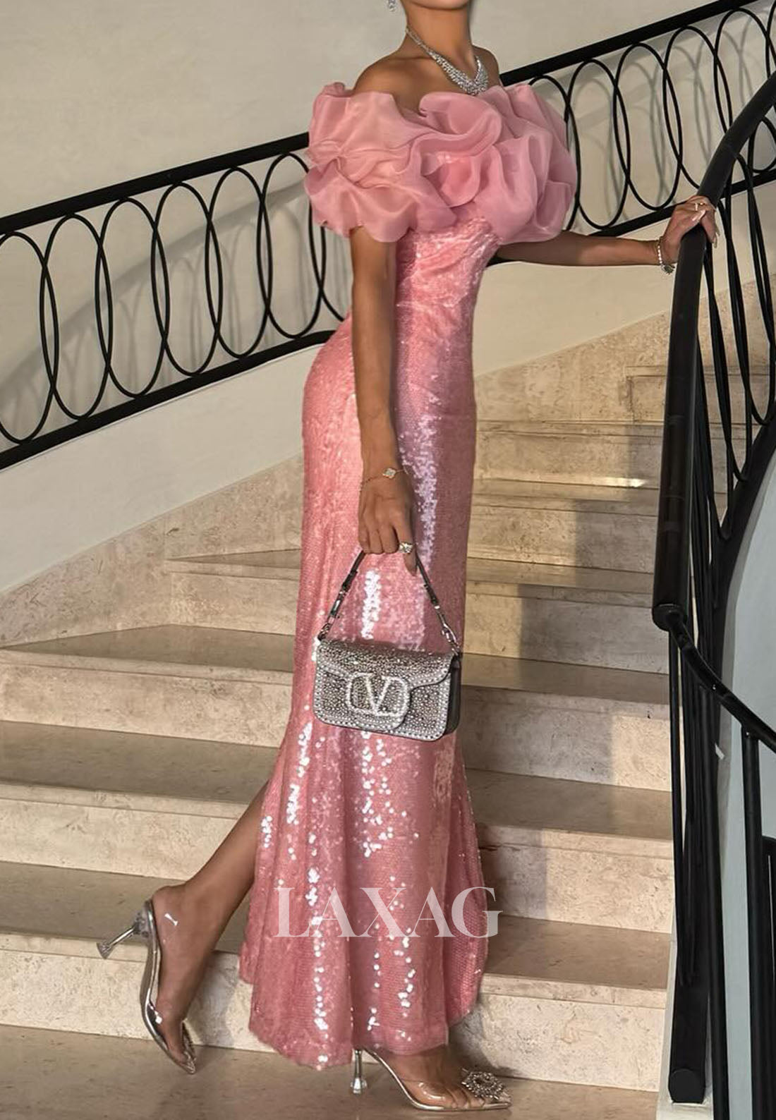 Bateau-Neck Pleated Chiffon Mermaid Evening Dress Sleeveless Fully Sequined Floor-Length Formal Gowns