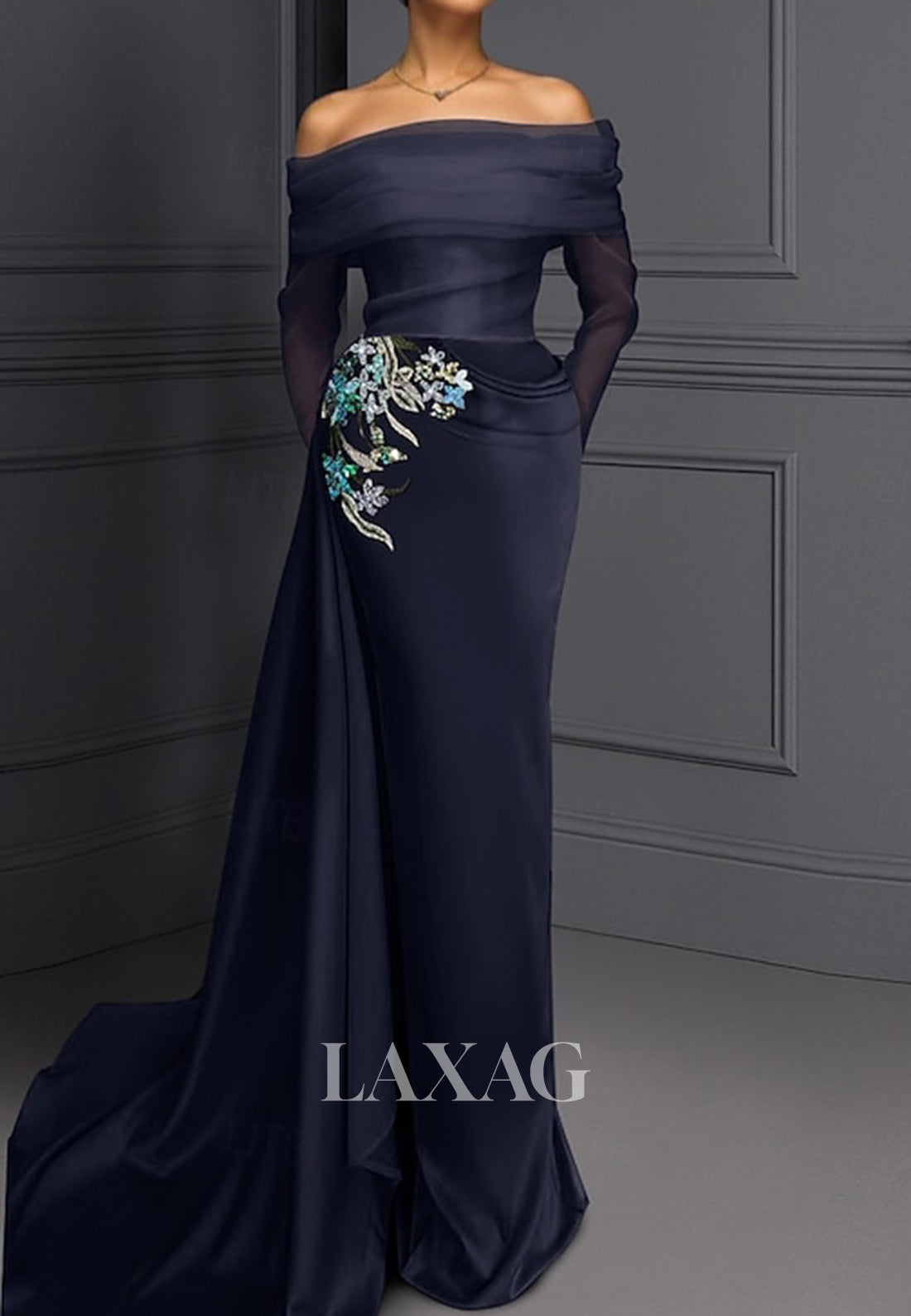 Bateau-Neck Long-Sleeves Beaded Sequined Applique Tulle&Satin Pleated Mermaid Evening Dress