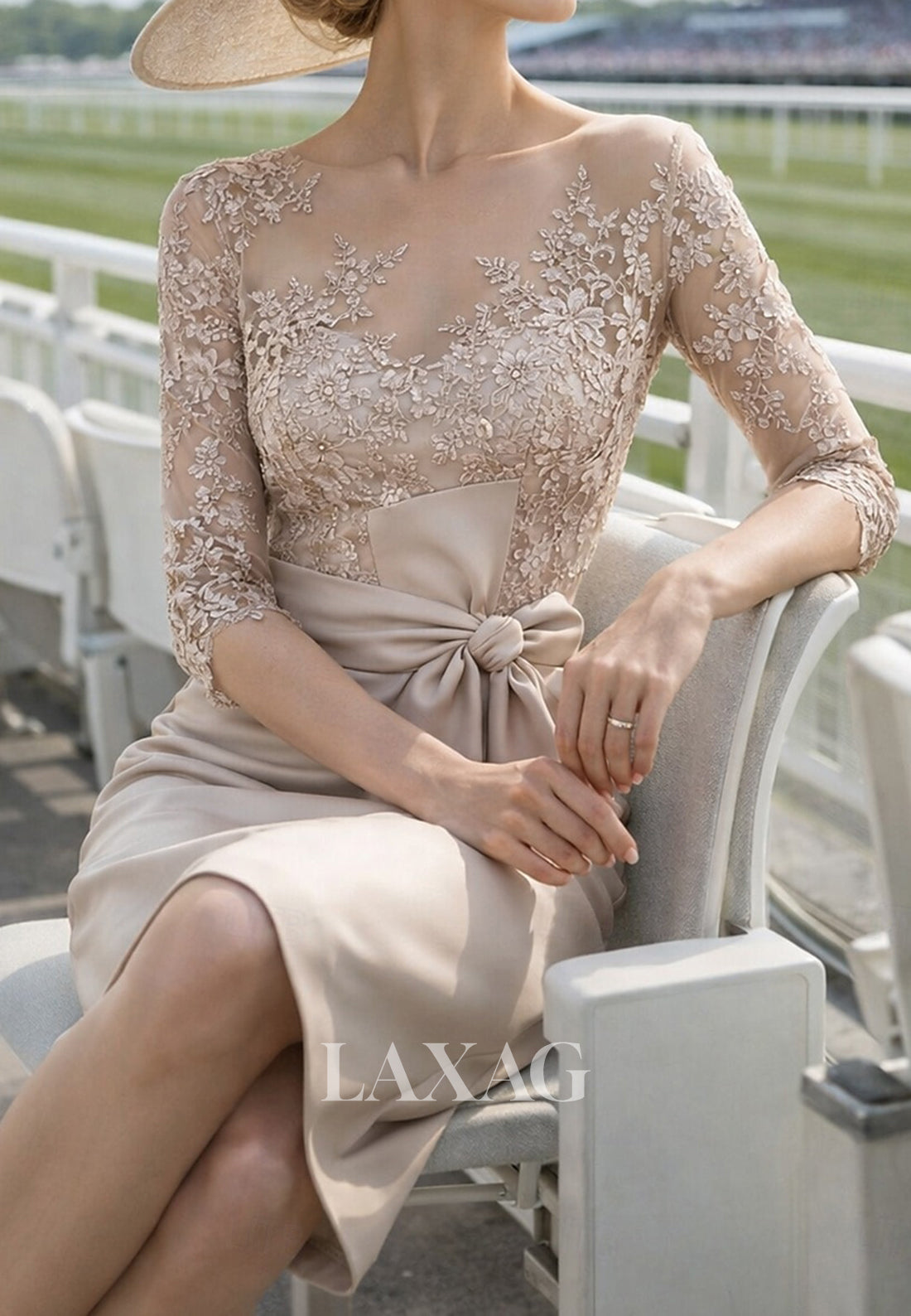 Scoop-Neck Half-Sleeves 3D-Floral Applique Tea-Length Mermaid Mother of the Bride Dress