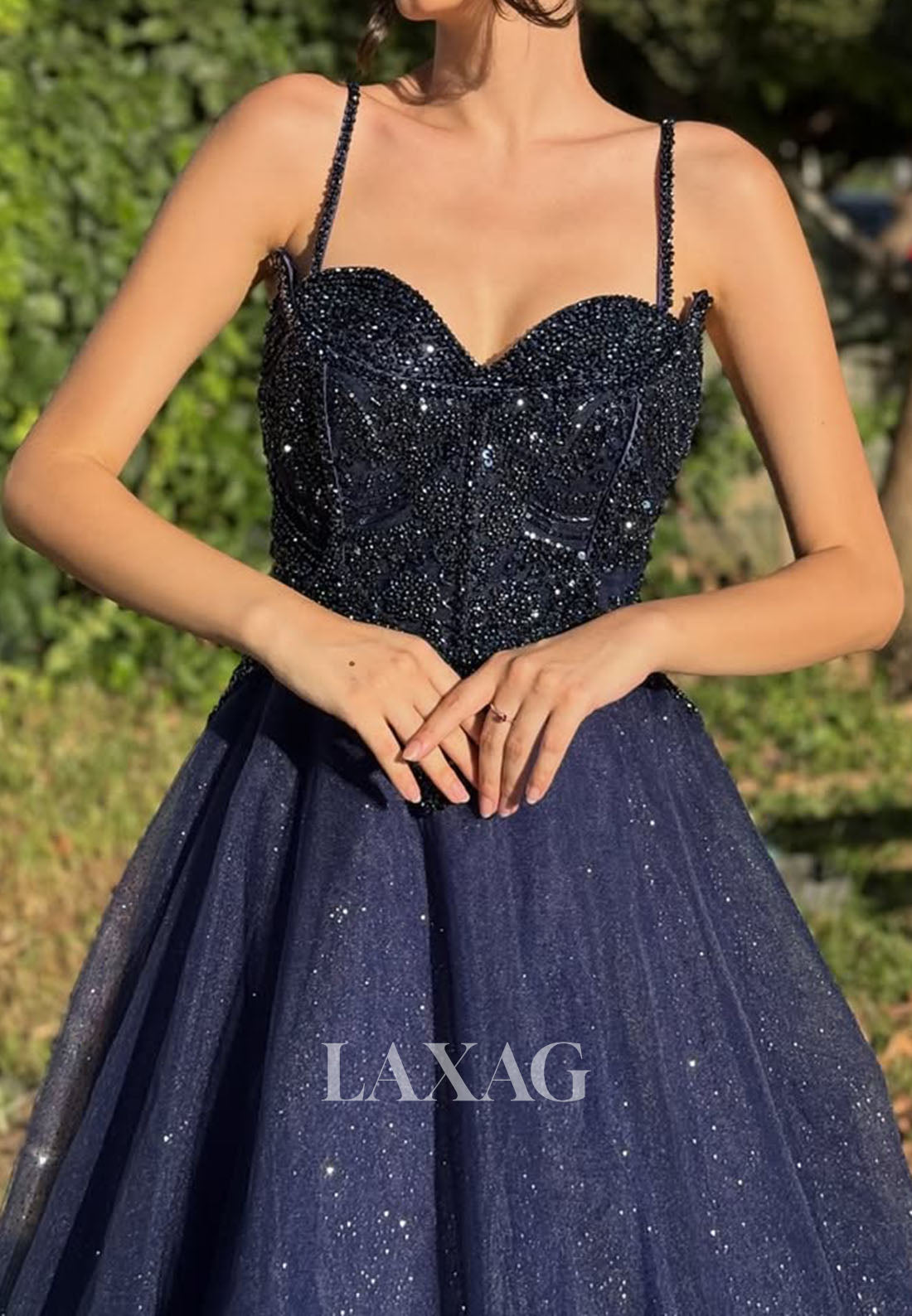 Sweetheart Spaghetti Straps Sleeveless Sequined Applique Pleated Tulle A-Line Prom Dress