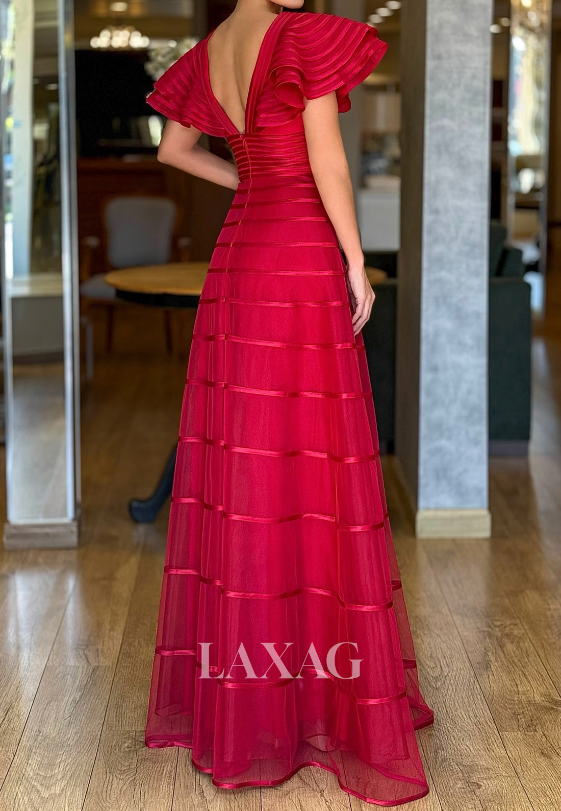 V-Neck Cap-Sleeves Floor-Length Formal Gowns Tulle A-Line Evening Dress