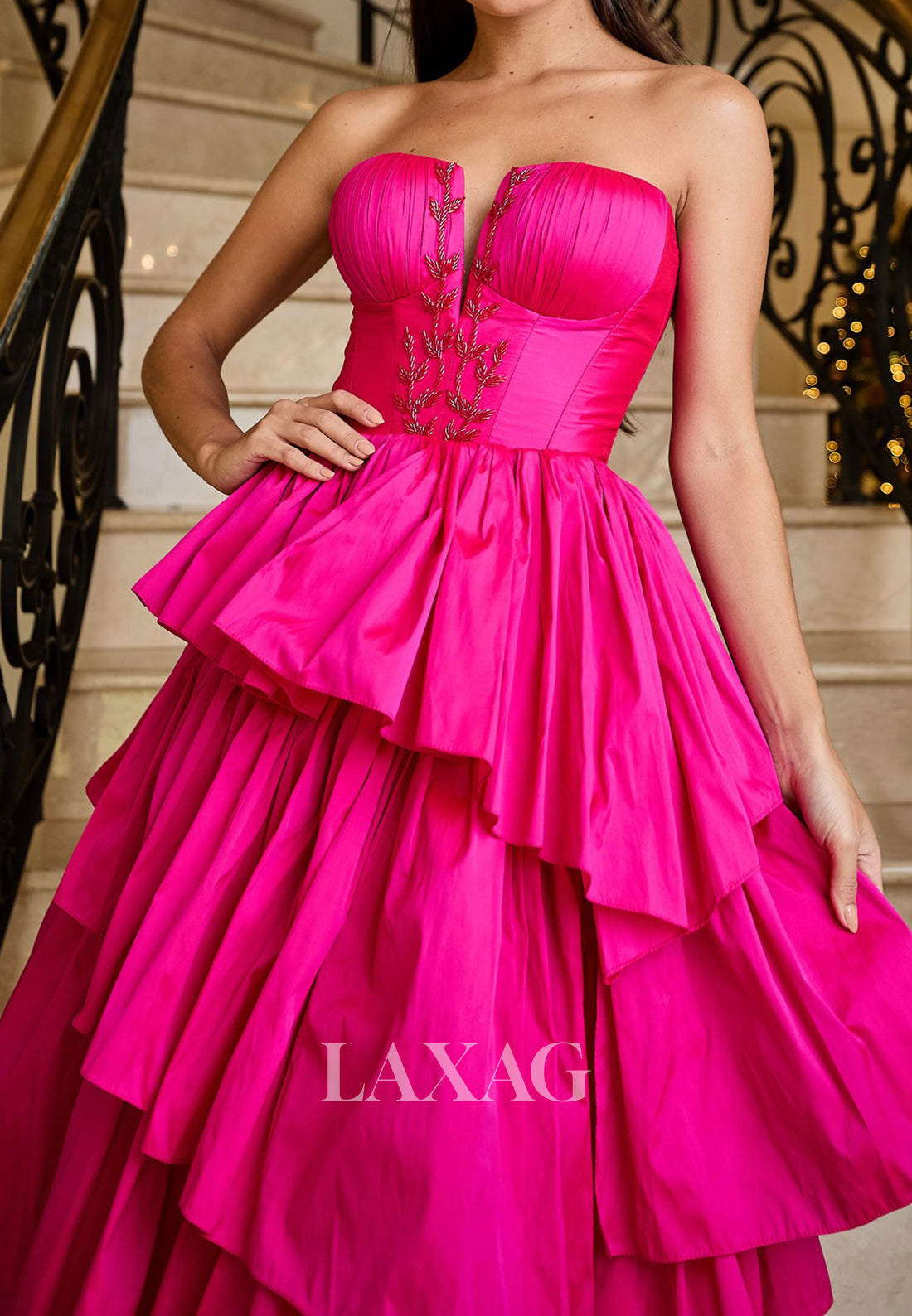 Tube Top Sleeveless Beaded Applique Satin Pleated Floor-Length Ruffled Tiered A-Line Evening Dress
