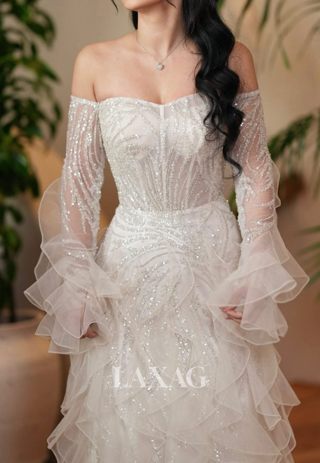 Off-Shoulder Sweetheart Tiered Mermaid Wedding Dress Long-Sleeves Sequined Beaded Bride Gowns