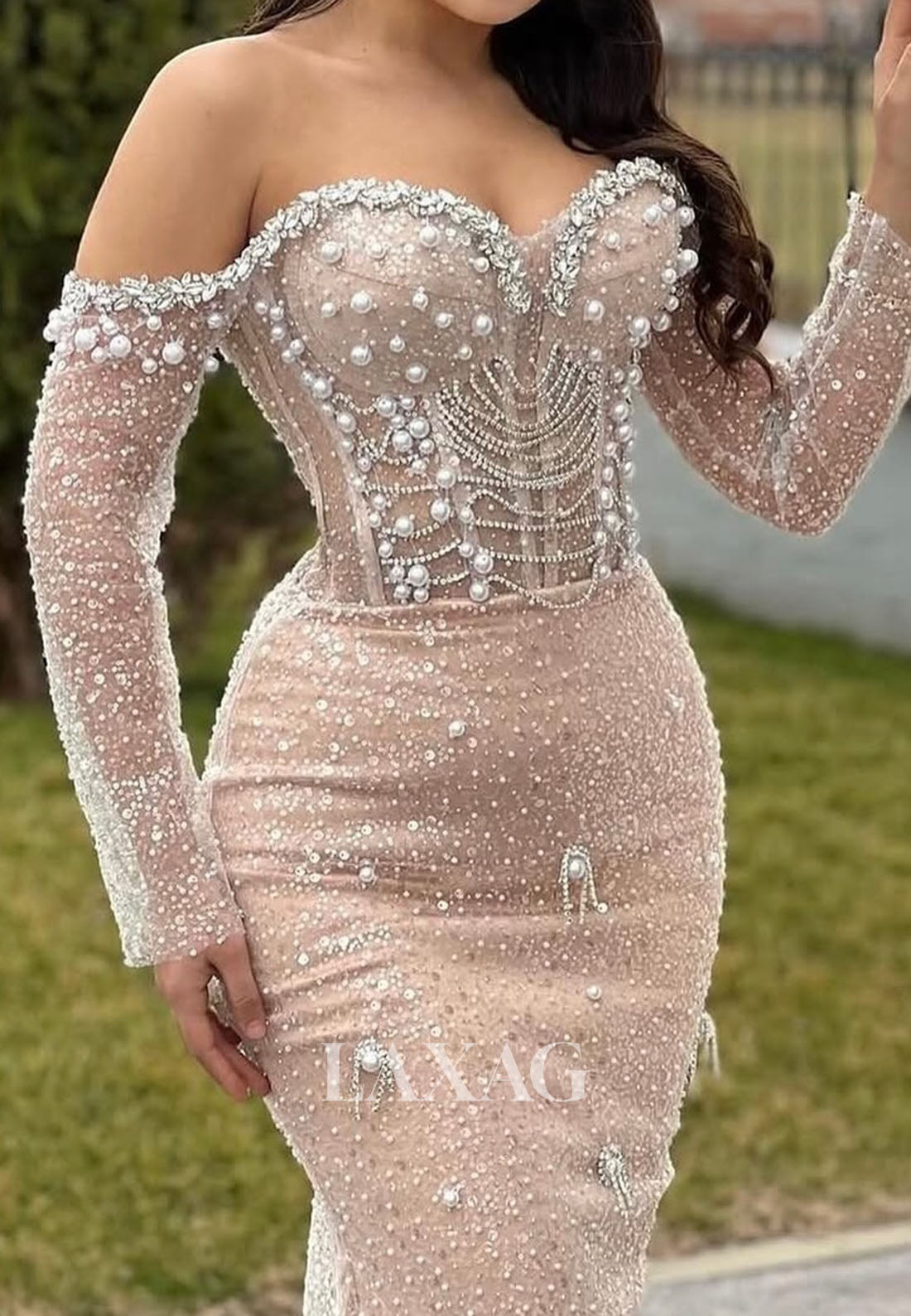 Sweetheart Off-Shoulder Fully Beaded Formal Gowns Long-Sleeves Pearls Meramid Evening Dress