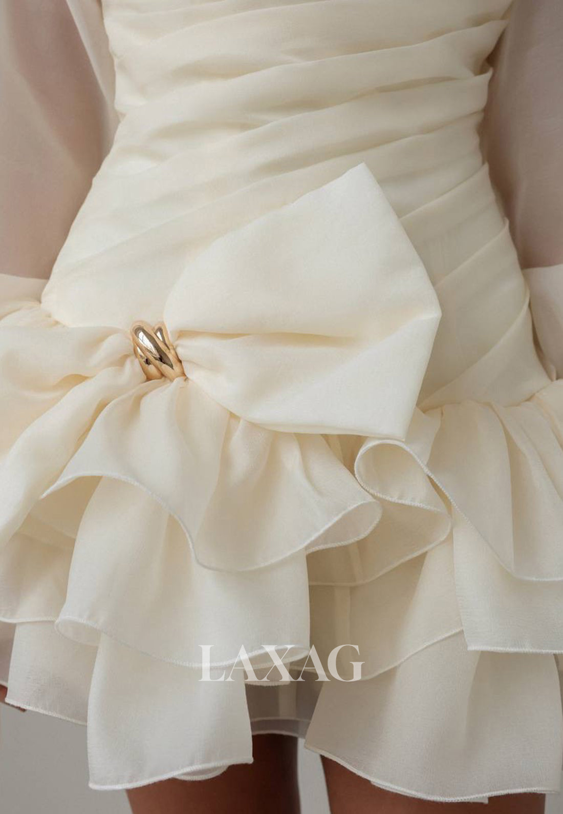 Asymmetrical-Neck Long-Sleeves Chiffon Pleated Ruffled Tiered Short Beach A-Line Wedding Dress