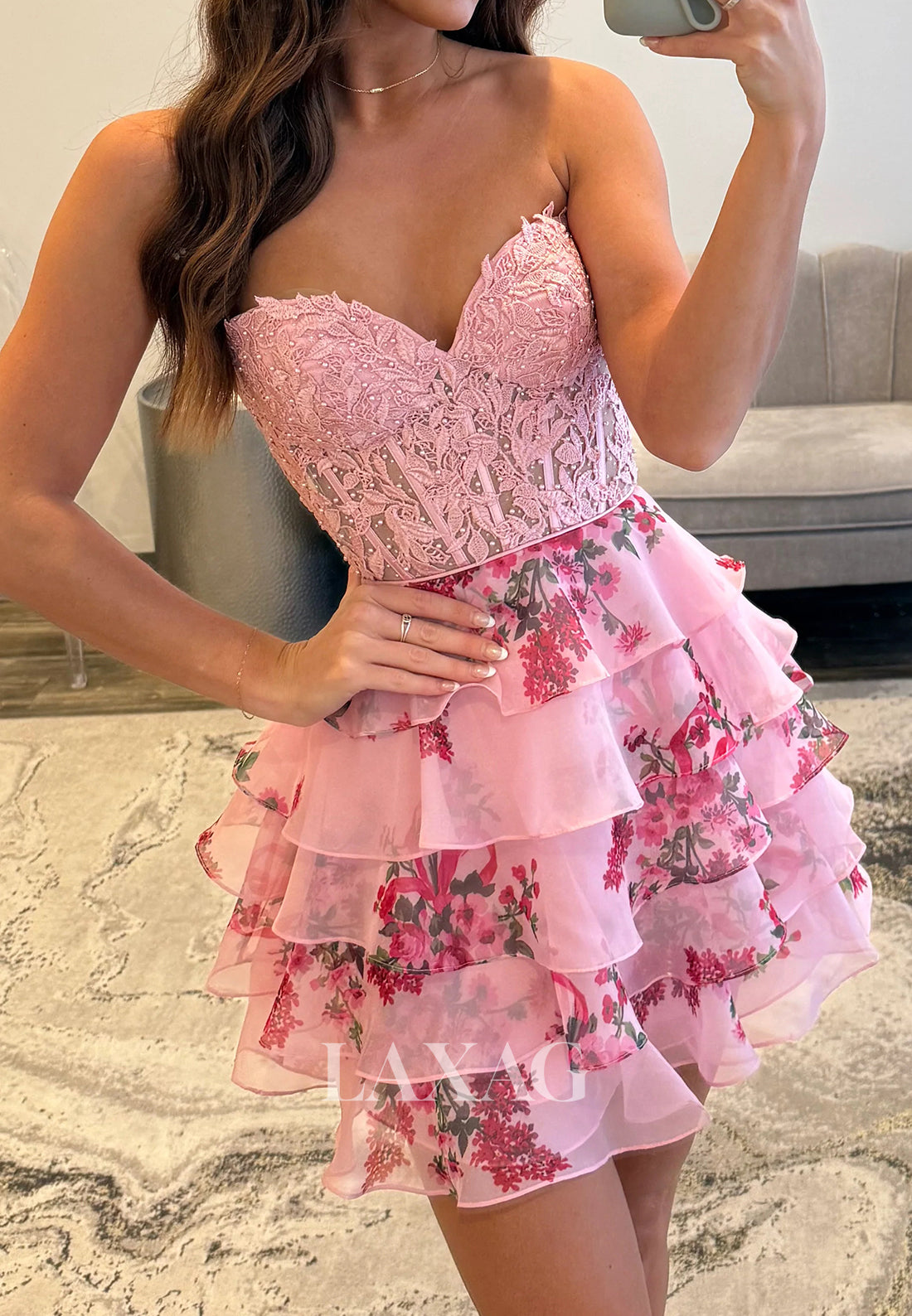 Off-Shoulder Sweetheart Applique Beaded Pleated Print-Chiffon Tiered A-Line Homecoming Dress