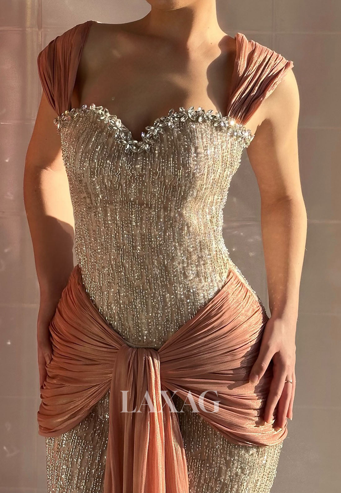 Sweetheart Fully Sequined Beaded Formal Gowns Straps Rhinestone Chiffon Pleated Mermaid Evening Dress