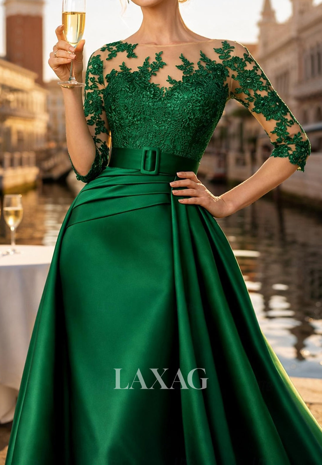 A-Line Scoop-Neck Half-Sleeves Beaded Applique Satin Pleated Mother of the Bride Dress