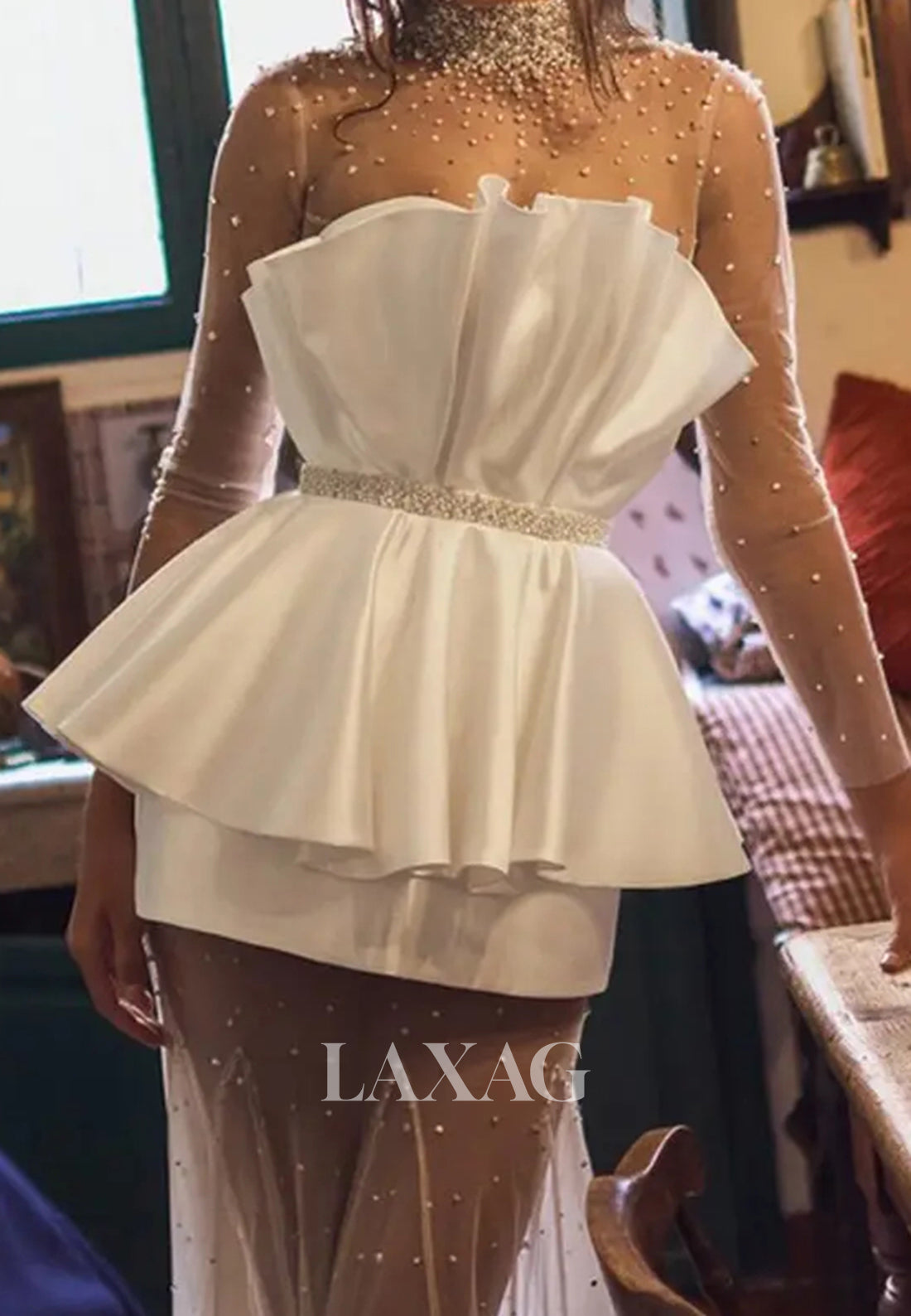 High-Neck Long-Sleeves Fully Beaded Satin&Tulle Pleated Mermaid Wedding Dress with Train