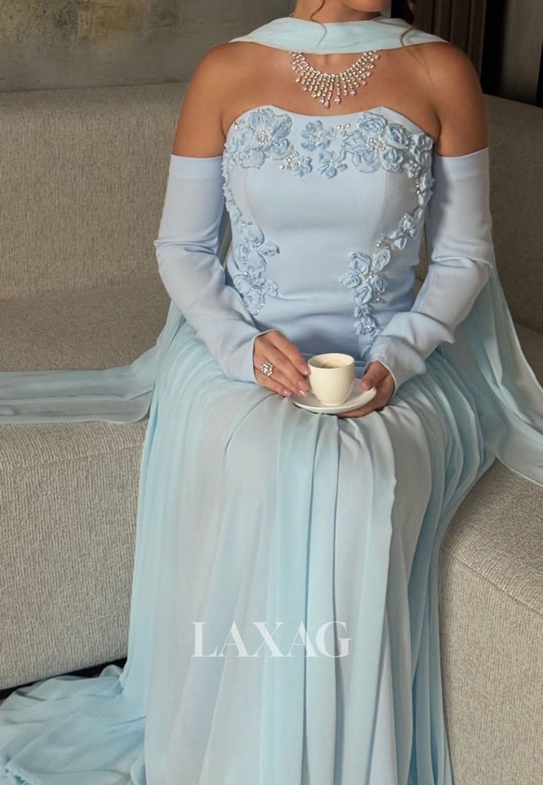 Sweetheart Long-Sleeves Pleated Tulle Fitted Evening Dress Floral Embellished Beaded Formal Gowns