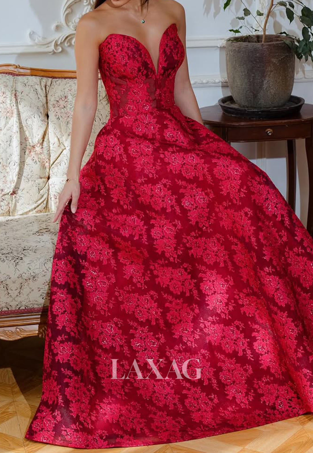 Deep V-Neck Off-Shoulder Floor-Length A-Line Prom Dress Sleeveless Applique Satin Evening Gowns