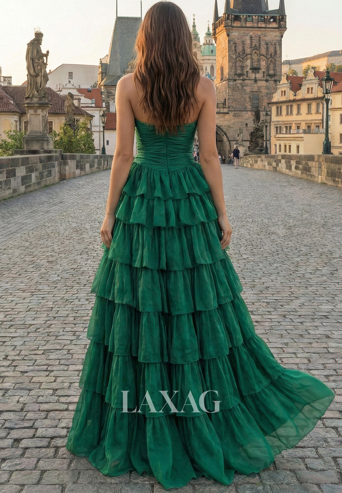 Sweetheart Off-Shoulder Sleeveless Chiffon Pleated Ruffled Tiered A-Line Prom Dress with High Slit