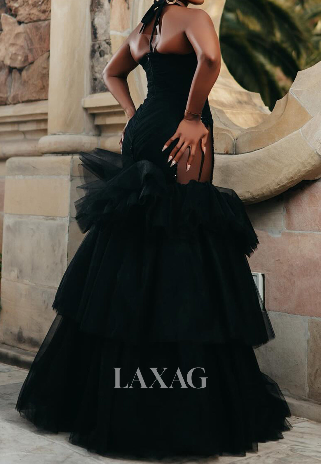 Halter V-Neck Off-Shoulder Sleeveless Tulle Pleated Tiered Trumpet Mermaid Evening Dress