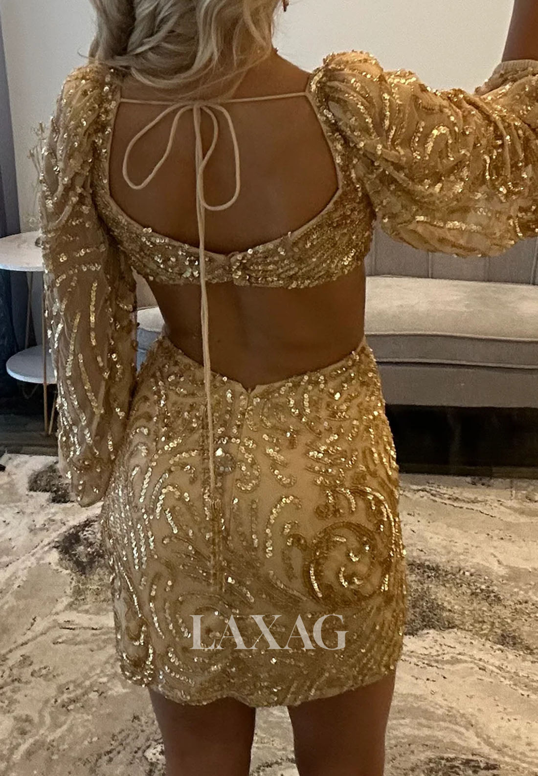 V-Neck Long-Sleeves Fully Sequined Pleated Tulle Short Mermaid Party Homecoming Dress