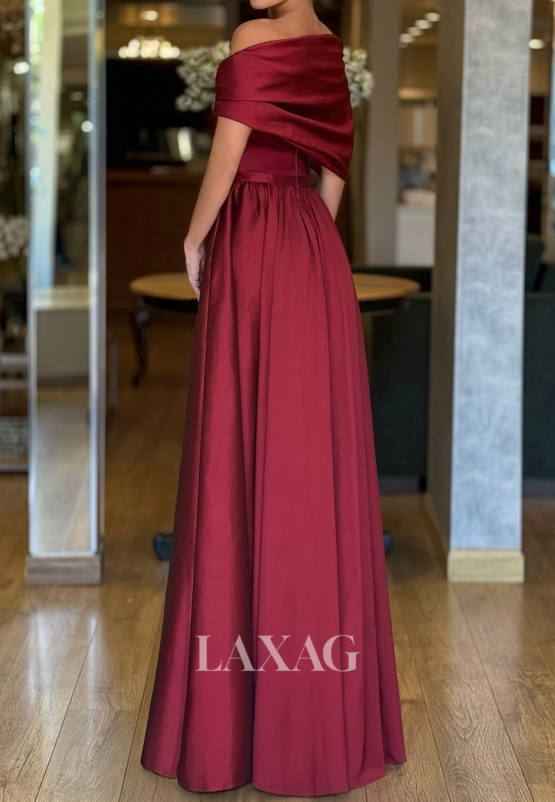 Simple Bateau-Neck Off-Shoulder Sleeveless Floor-Length Pleated Satin A-Line Evening Dress
