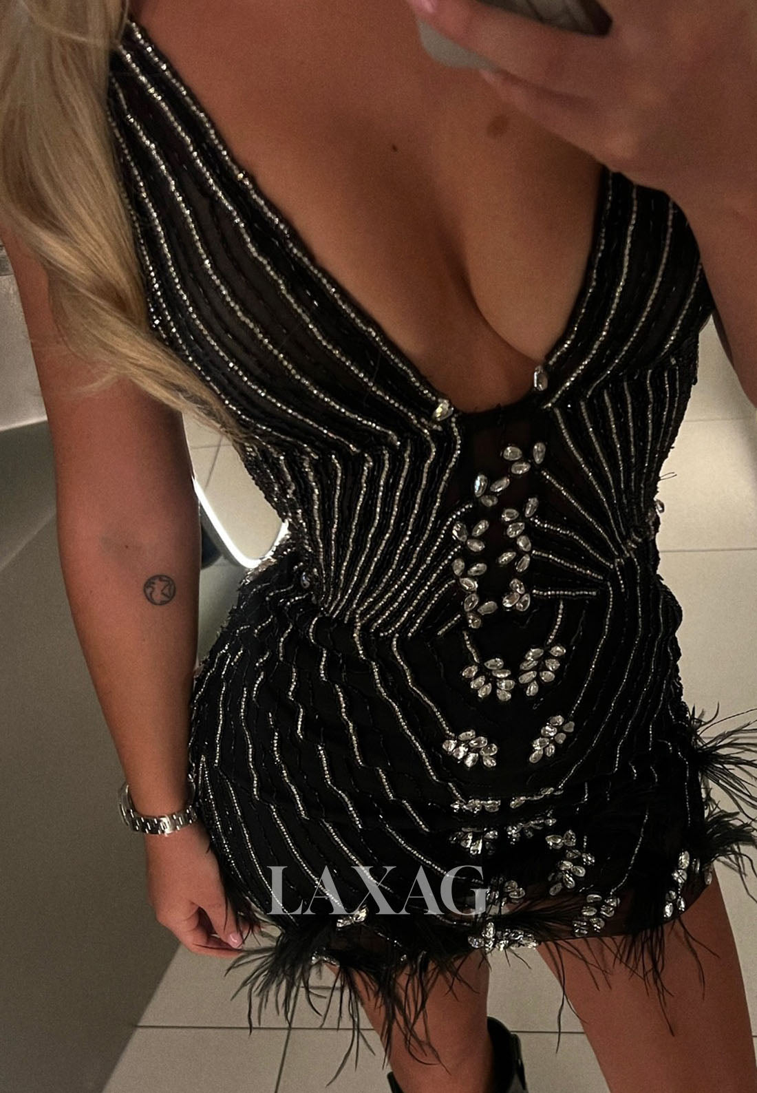 Deep V-Neck Sleeveless Beaded Rhinestone Fringed Pleated Satin Mermaid Party Homecoming Dress