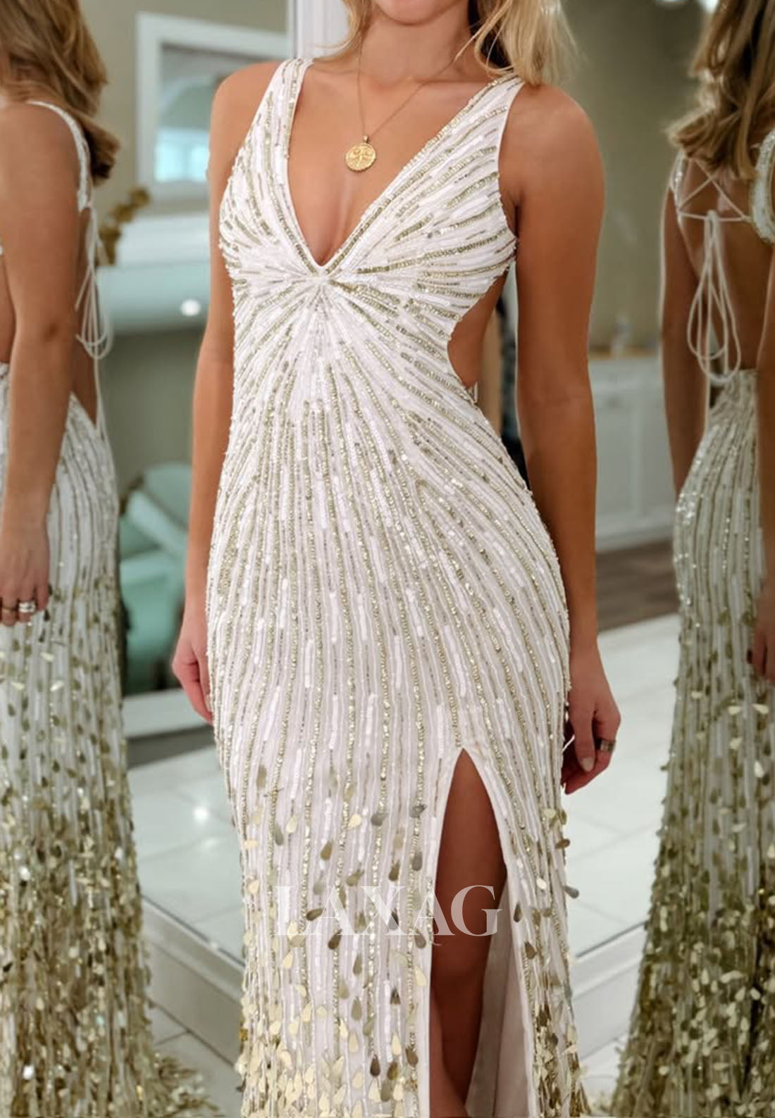 Fully Sequined Beaded Pearls Satin Mermaid Prom Dress V-Neck Straps Sleeveless Party Gowns