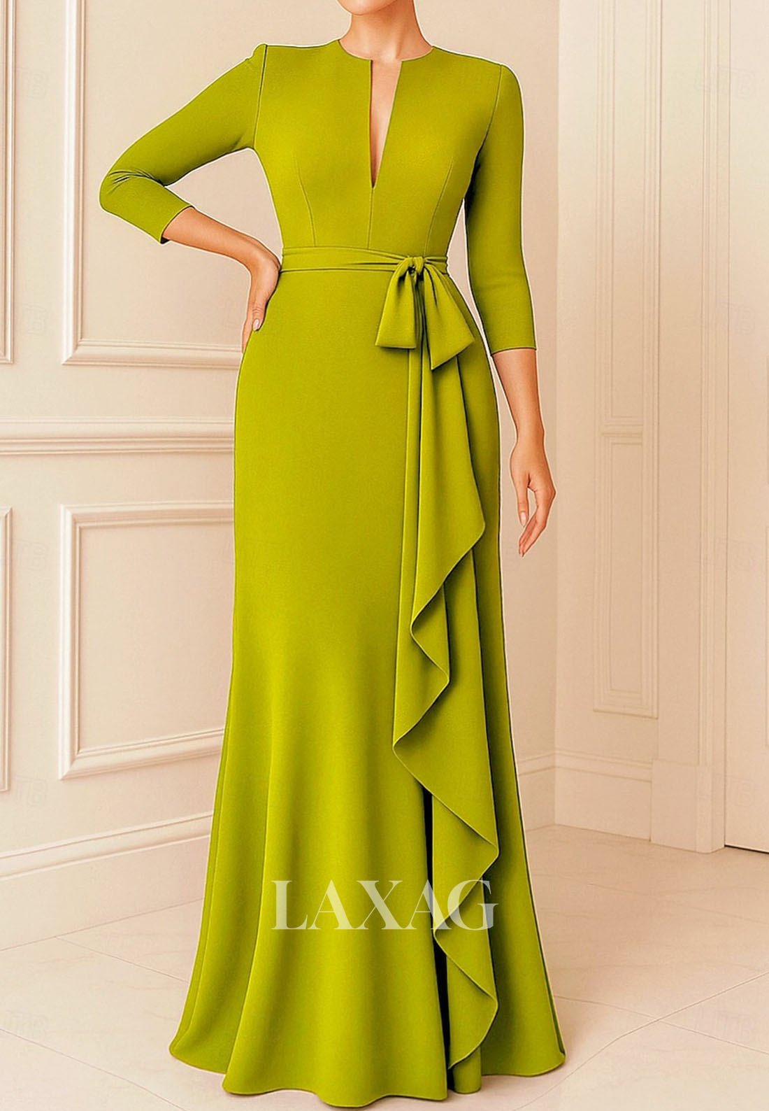 Deep V-Neck 3/4-Sleeves Mermaid Evening Dress Floor-Length Ruffled Satin Formal Gowns