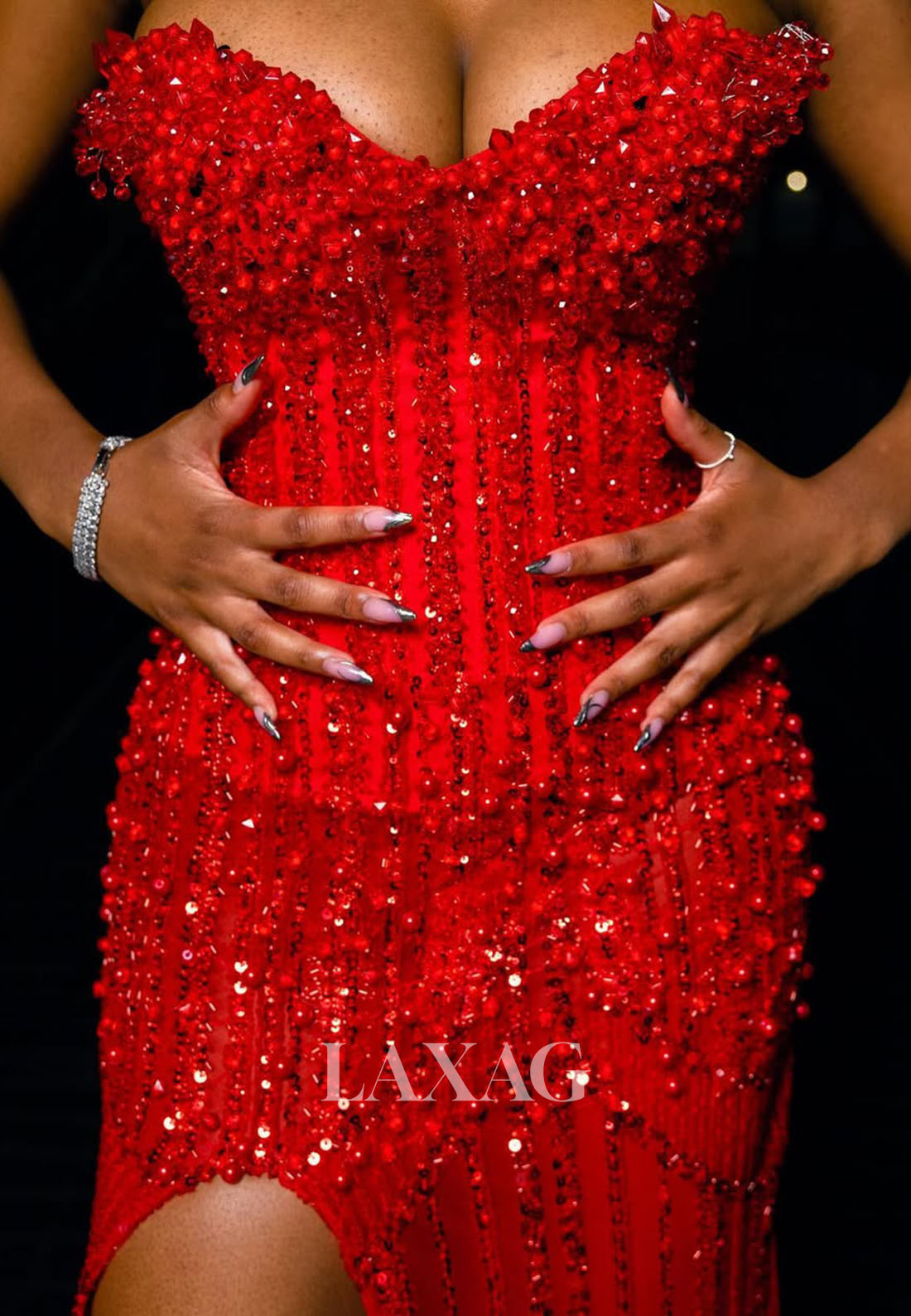 Off-Shoulder Fully Sequined Beaded Slit Party Gowns Sweetheart Sleeveless Mermaid Prom Dress