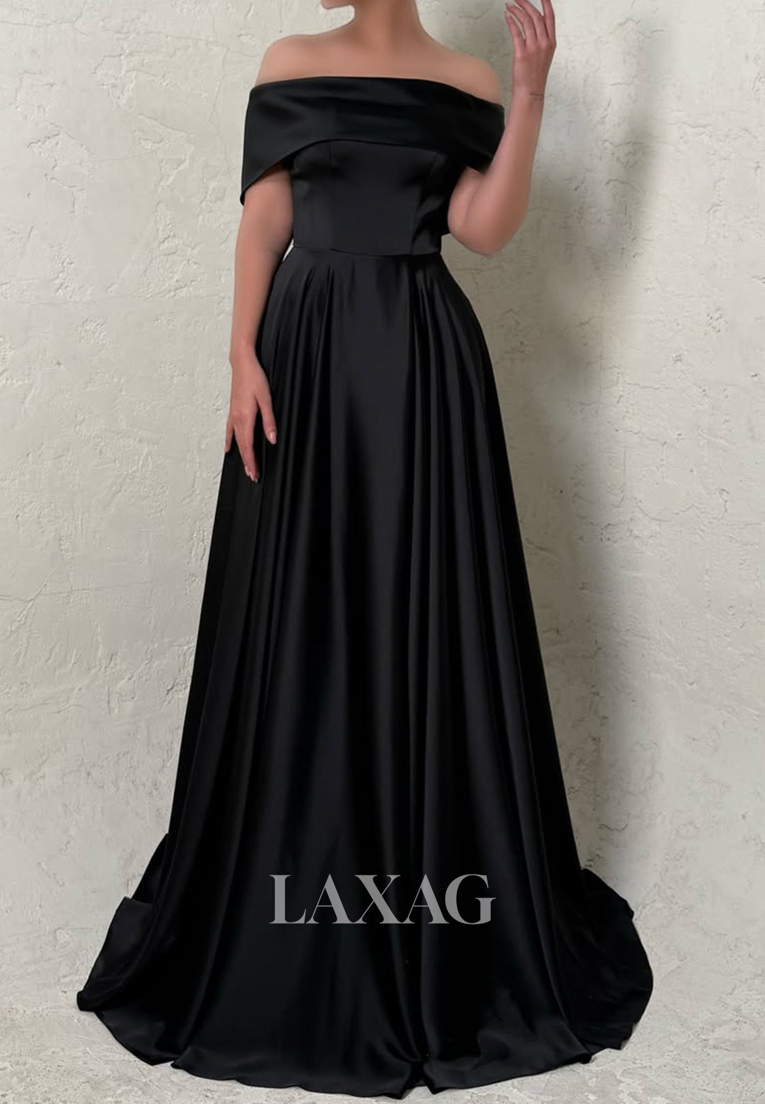 Bateau-Neck Off-Shoulder Sleeveless Satin Pleated A-Line Party Prom Dress with High Slit