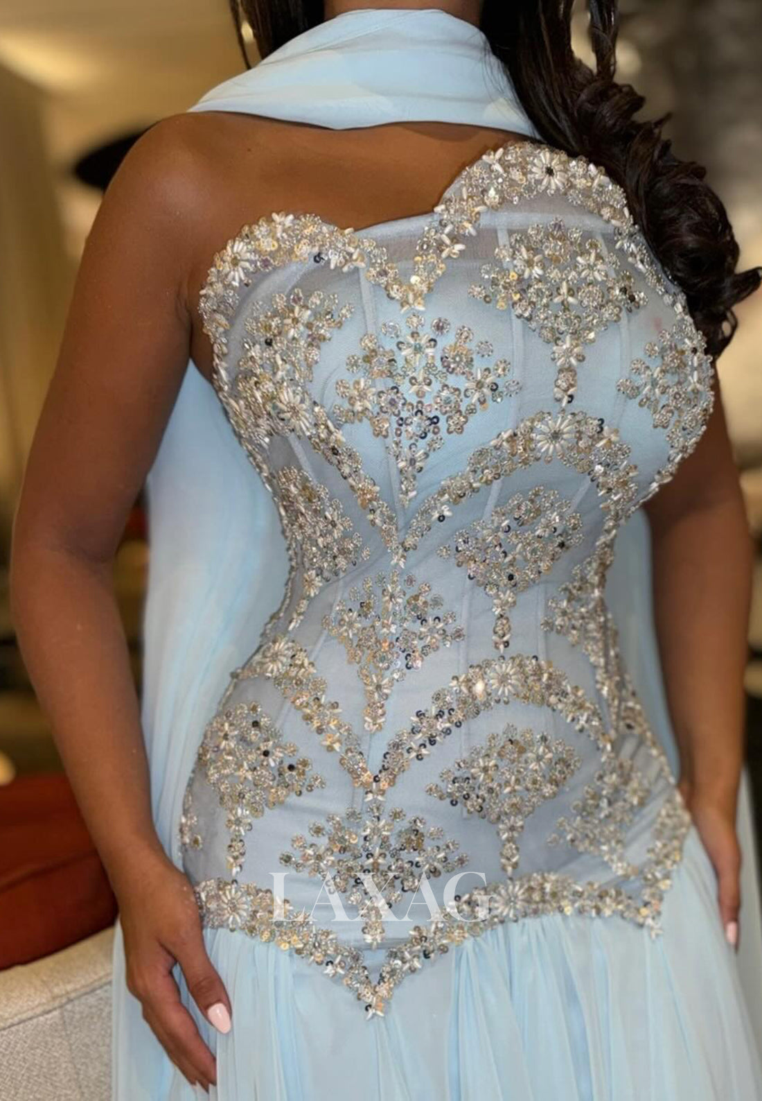 Tube Top Off-Shoulder Sleeveless Sequined Beaded Tulle Pleated Floor-Length A-Line Prom Dress