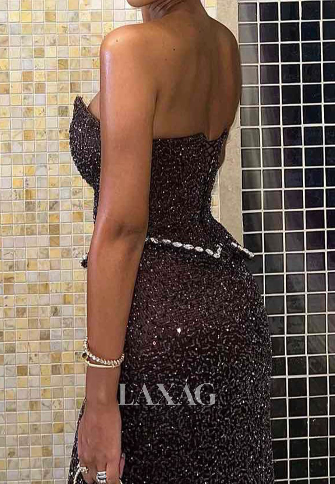Asymmetrical V-Neck Sleeveless Mermaid Prom Dress Beaded Fully Sequined Slit Evening Gowns