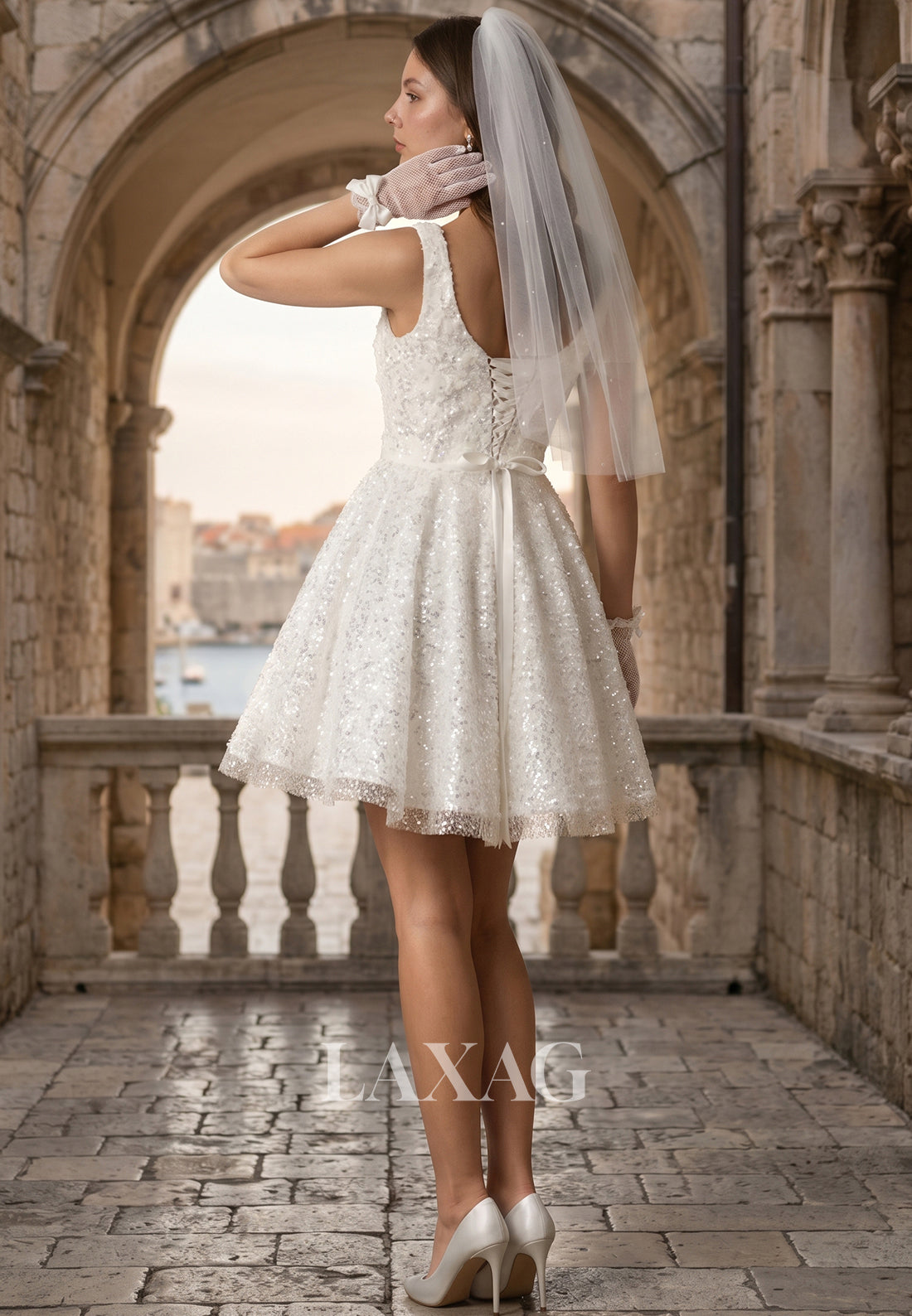 Square-Neck Straps Sleeveless Fully Sequined 3D-Floral Applique Tulle Pleated Short A-Line Wedding Dress