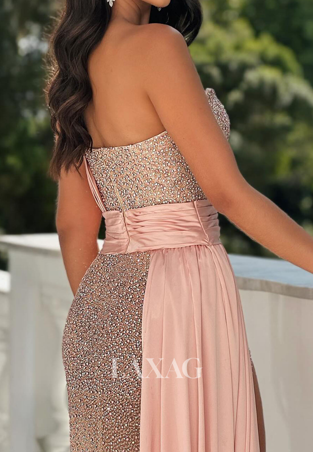 Bateau-Neck Sleeveless Mermaid Prom Dress Off-Shoulder Fully Beaded Pleated High Slit Party Gowns