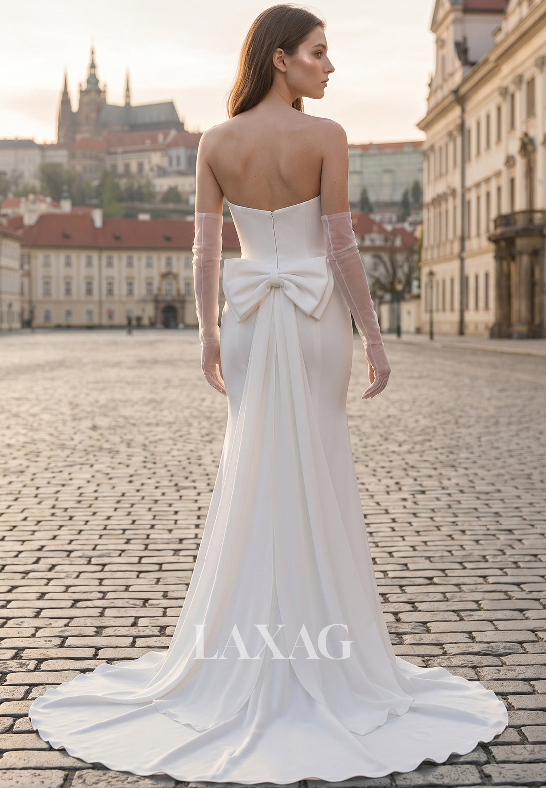 Tube Top Off-Shoulder Satin Pleated Sweep Train Mermaid Wedding Dress with Tulle Gloves