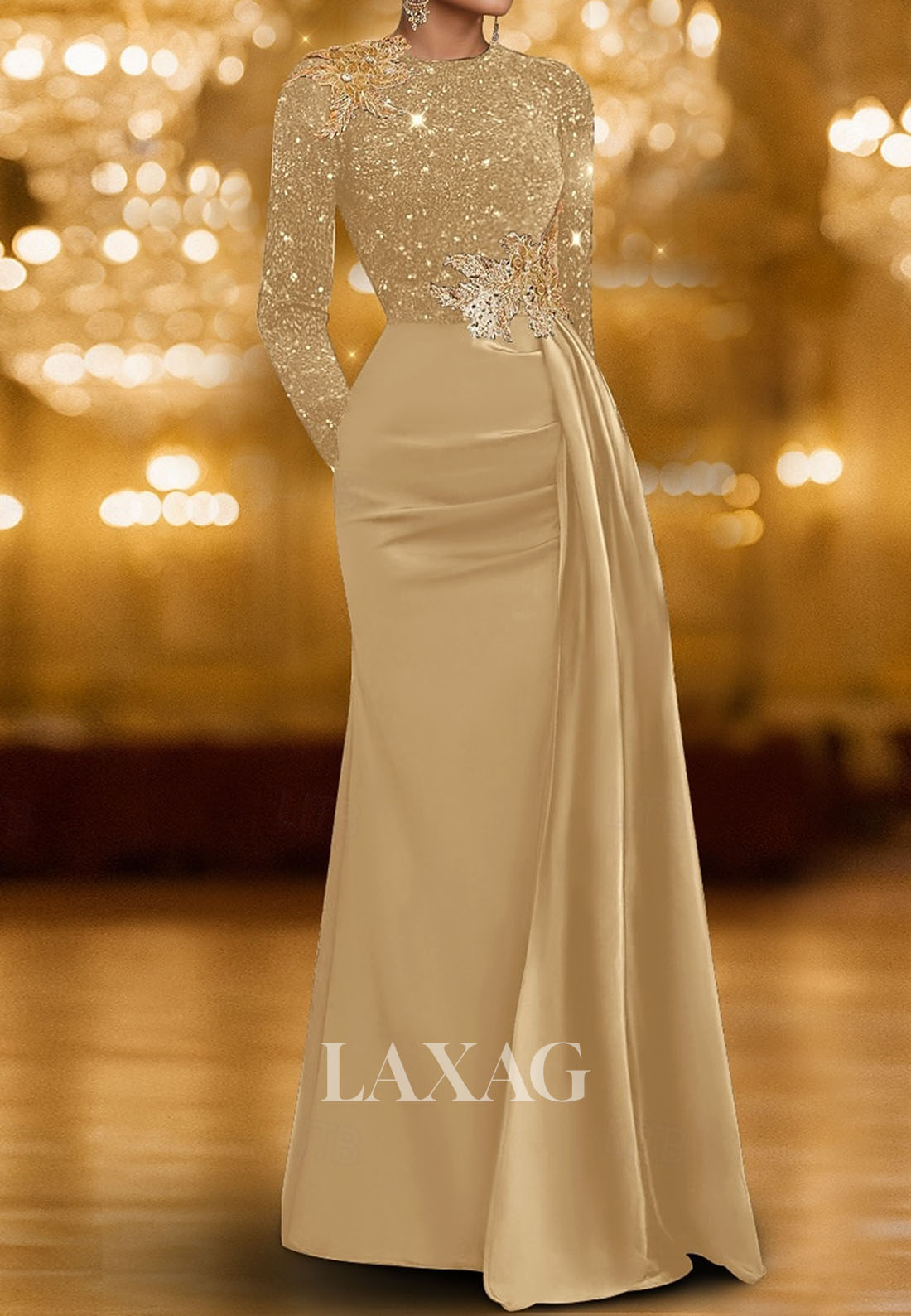 Scoop-Neck Long-Sleeves Formal Gowns Fully Sequined Beaed Satin Mermaid Evening Dress