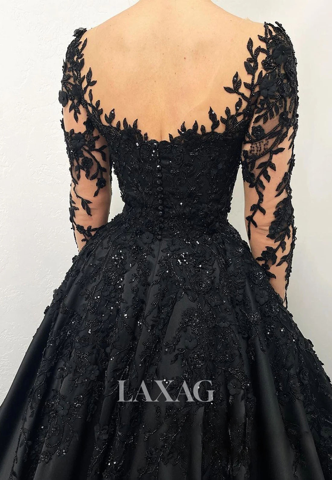 V-Neck Long-Sleeves Pleated Satin A-Line Wedding Dress Sequined Applique Formal Gowns