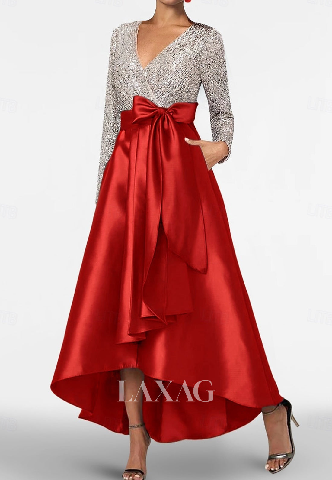 V-Neck Long-Sleeves Sequined Satin Ankle-Length A-Line Evening Dress with Bow