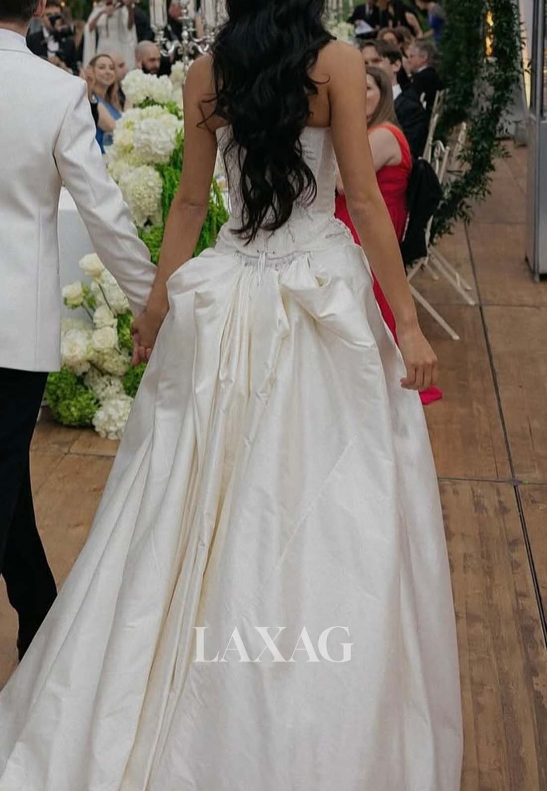 Scoop-Neck Off-Shoulder High Slit A-Line Wedding Dress Beaded Applique Pleated Satin Bride Gowns