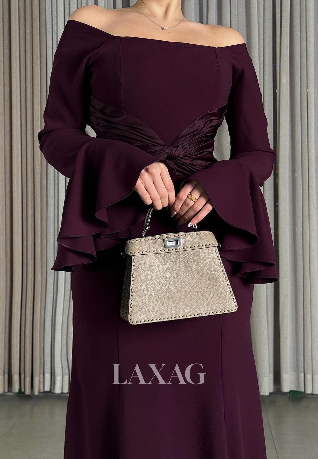 Bateau-Neck Off-Shoulder Long-Bell-Sleeves Pleated Satin Mermaid Formal Evening Dress