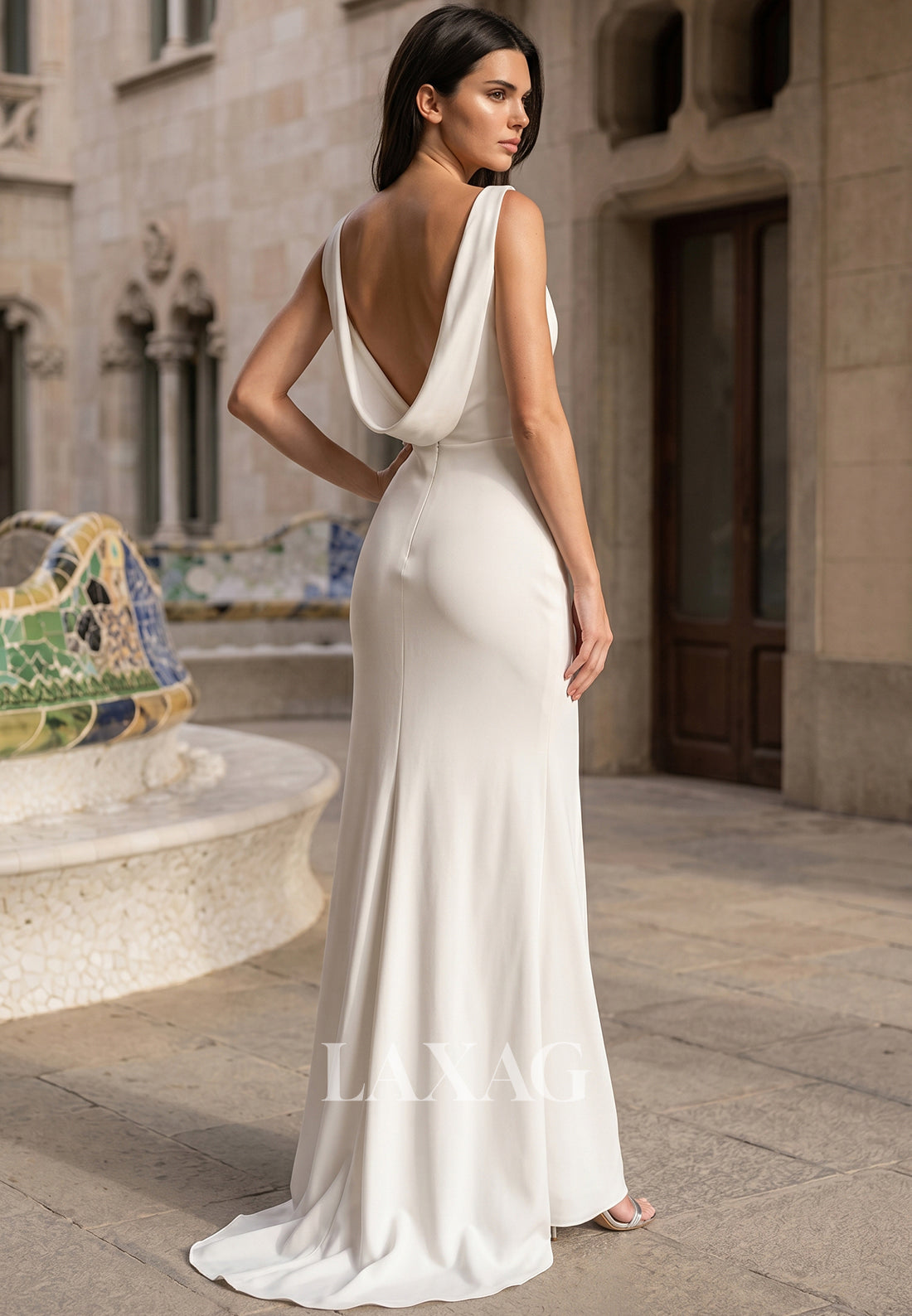 V-Neck Straps Sleeveless Satin Pleated Floor-Length Mermaid Wedding Dress with Sweep Train