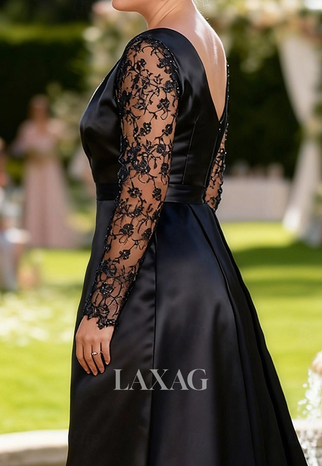 Deep V-Neck Long-Sleeves Sequined Applique Satin A-Line Mother of the Bride Dress