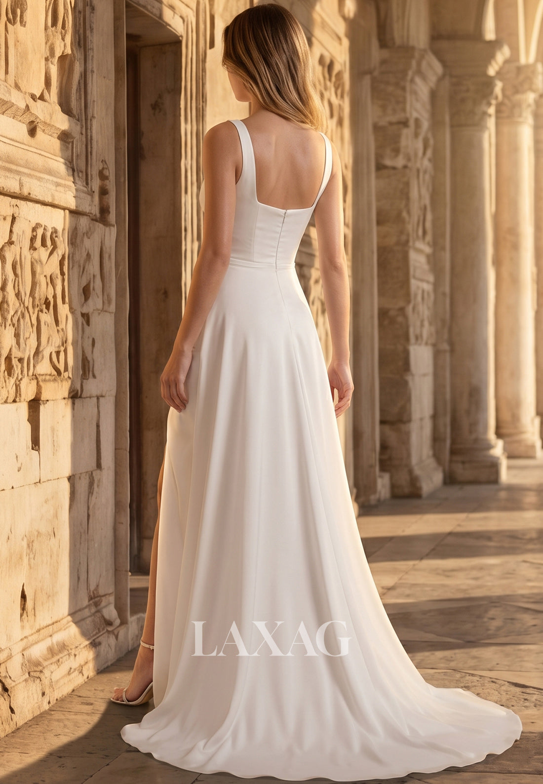 Square-Neck Straps Sleeveless Satin Pleated Floor-Length Mermaid Wedding Dress with Slit