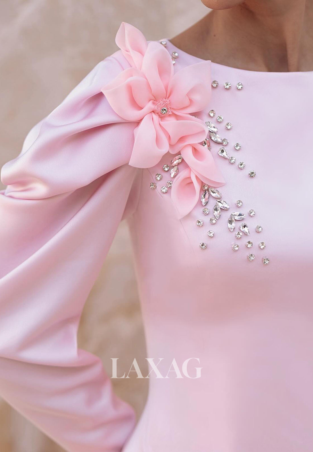 Scoop-Neck Long-Sleeves Mermaid Evening Dress Floral Embellished Rhinestone Chiffon Formal Gowns