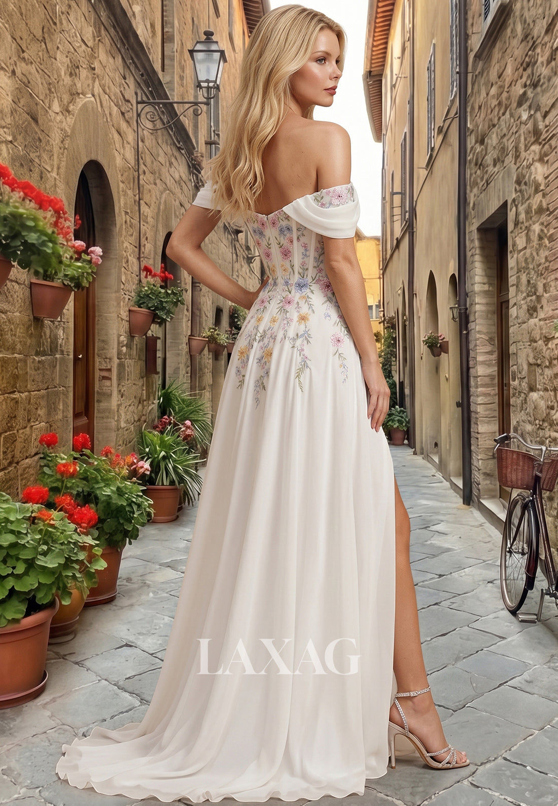 Bateau-Neck Sleeveless Sequined Applique Chiffon Pleated A-Line Wedding Dress with Slit