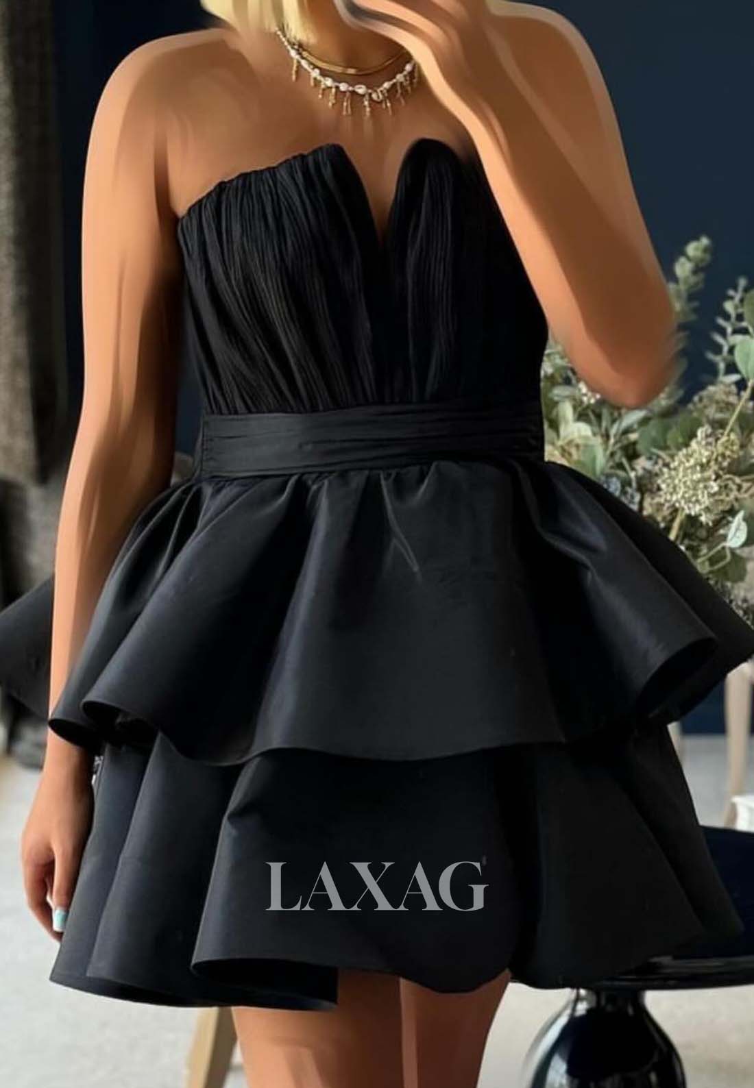 Bateau-Neck Off-Shoulder Sleeveless Pleated Satin Tiered Simple A-Line Party Homecoming Dress