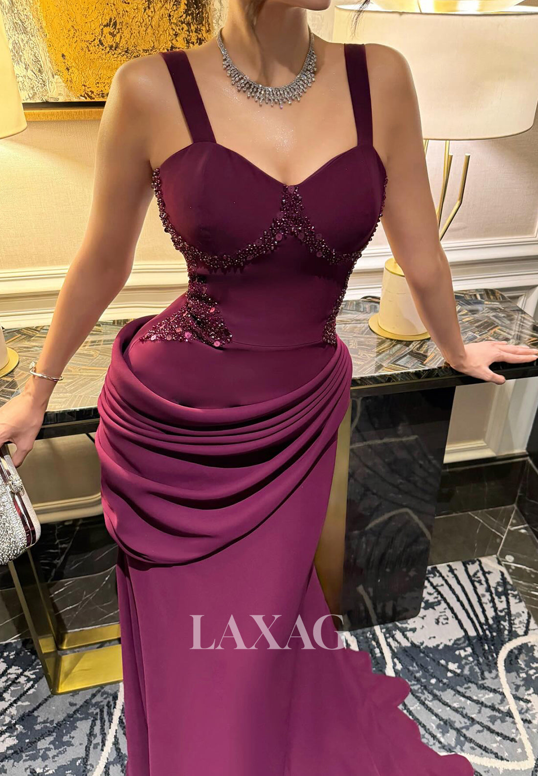 Sweetheart Straps Sleeveless Sequined Beaded Satin Pleated Mermaid Evening Dress