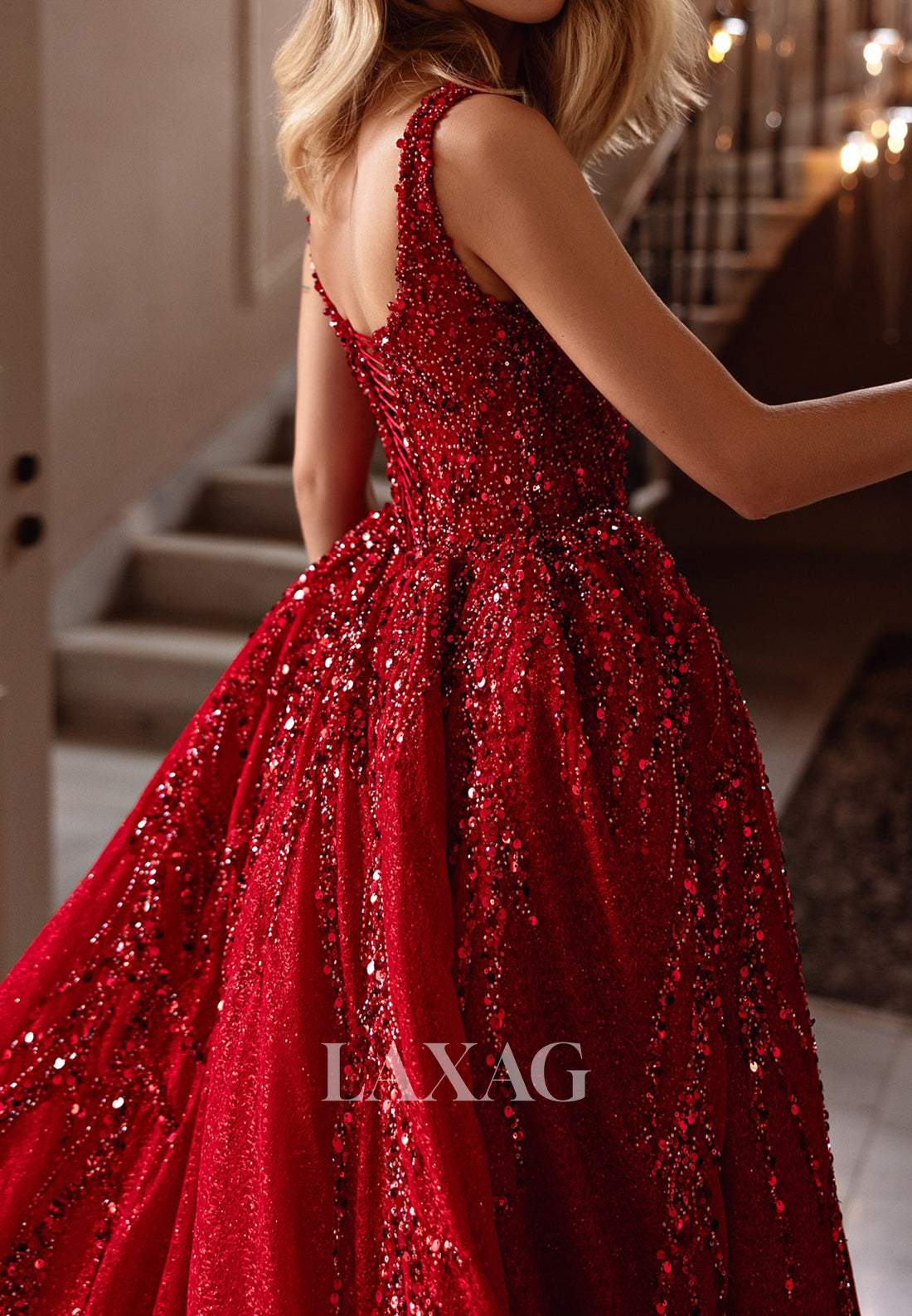 Sweetheart Spaghetti Straps Formal Gowns Sequined Beaded Glitter-Knit A-Line Evening Dress