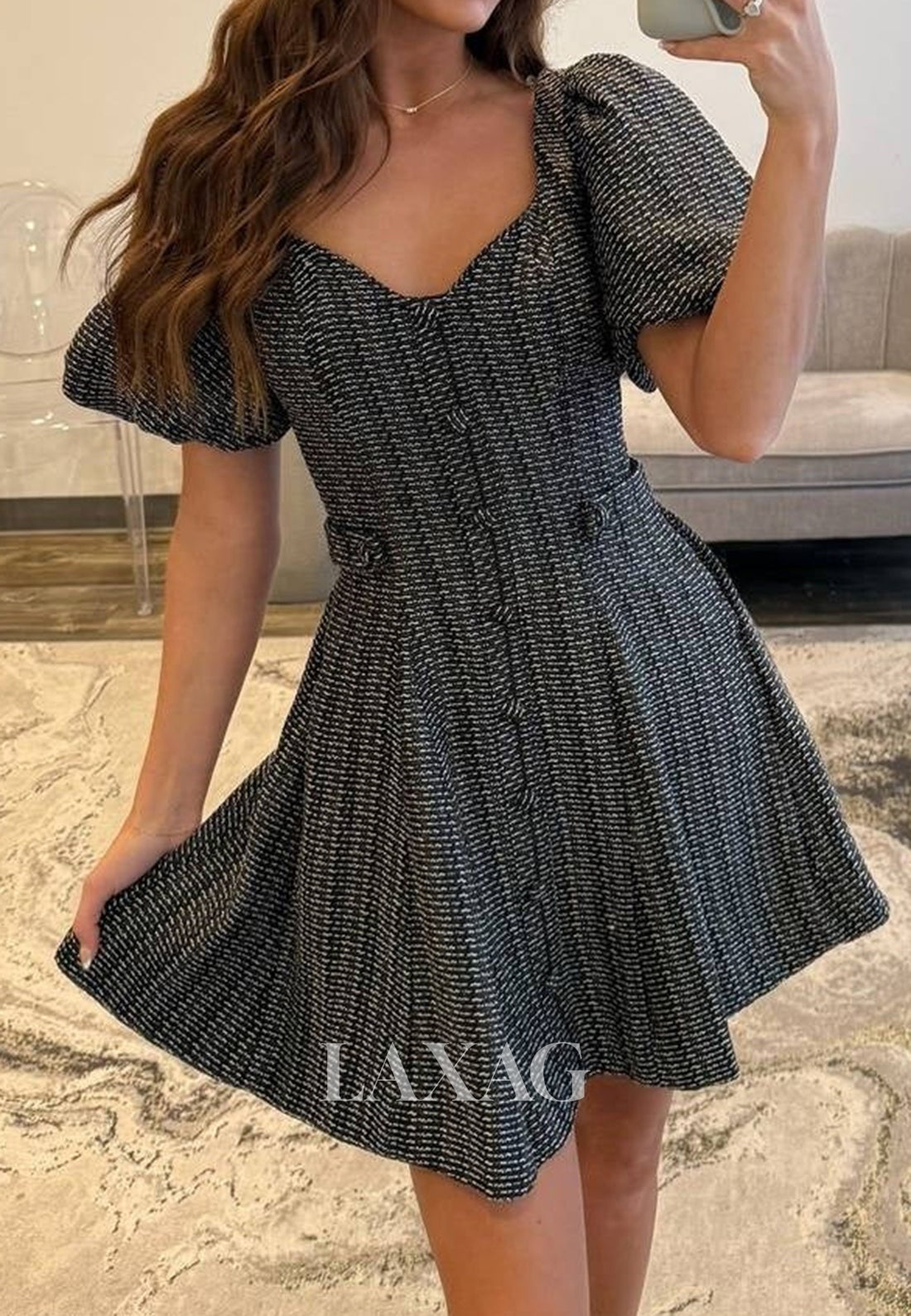 V-Neck Short-Sleeves Jersey Pleated Simple A-Line Party Homecoming Dress