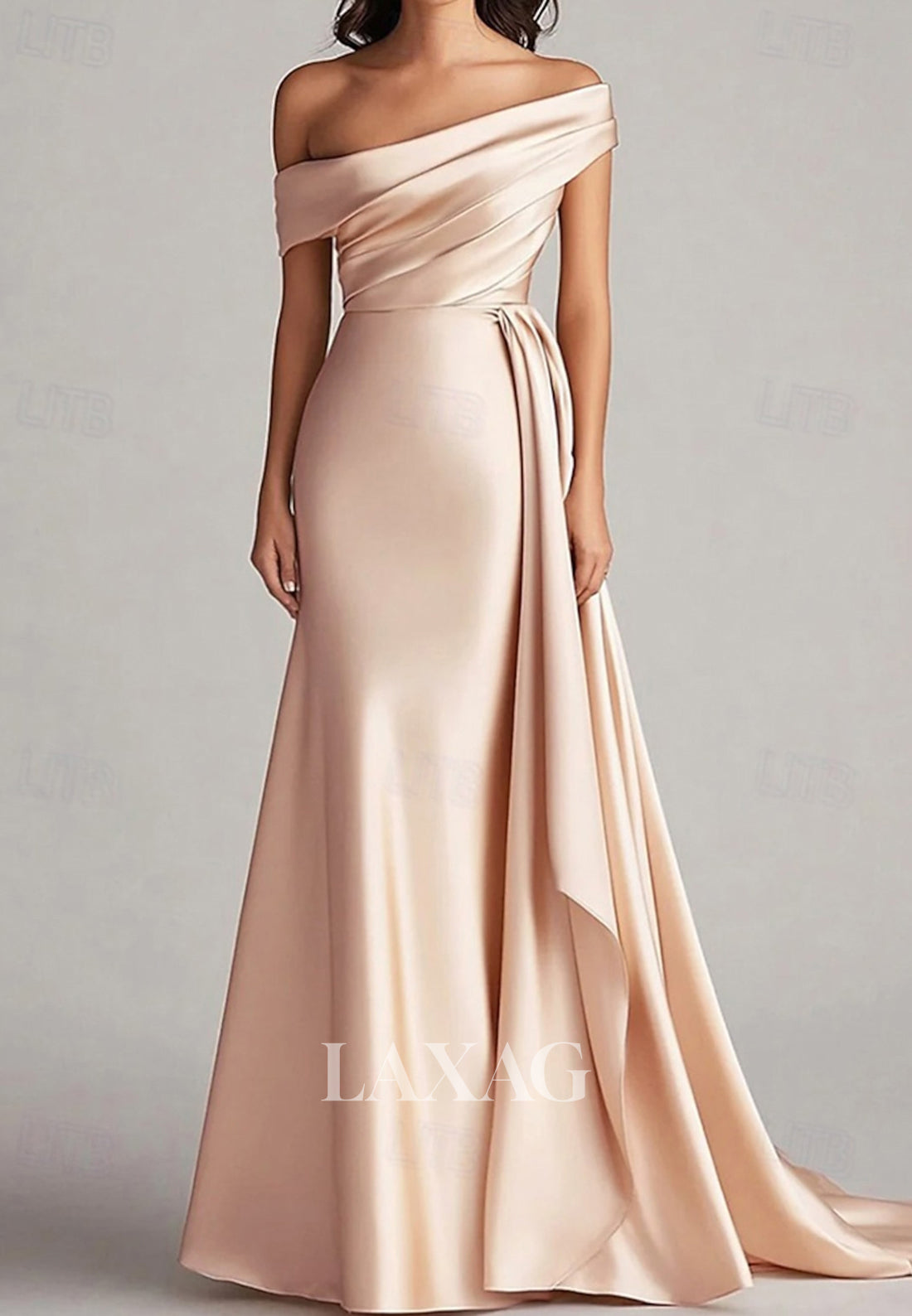 Off-Shoulder Asymmetrical-Neck Sleeveless Satin Pleated Floor-Length Mermaid Evening Dress