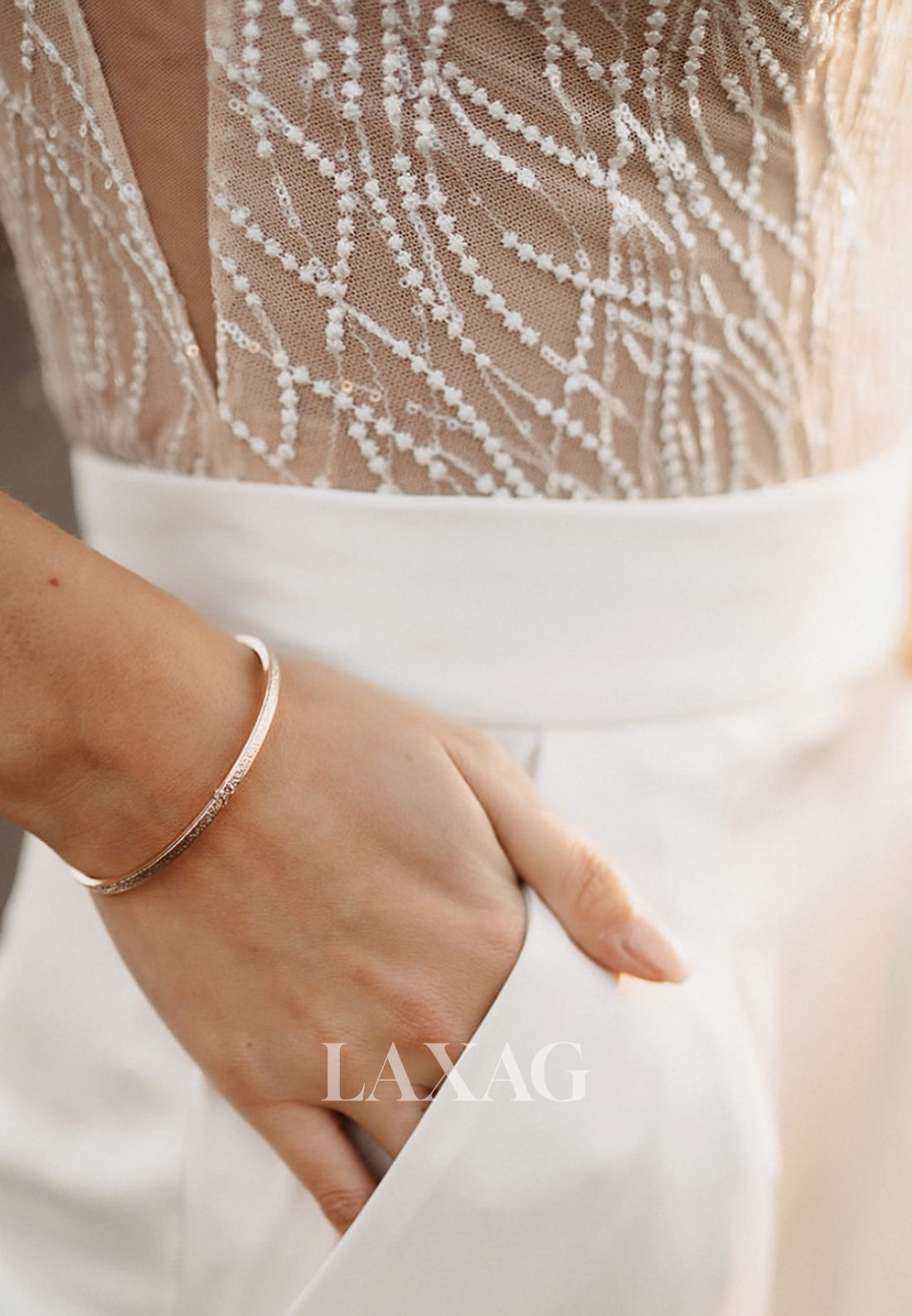 Deep V-Neck Sleeveless Sequined Beaded Tulle&Satin Sheer Floor-Length Wedding Jumpsuit